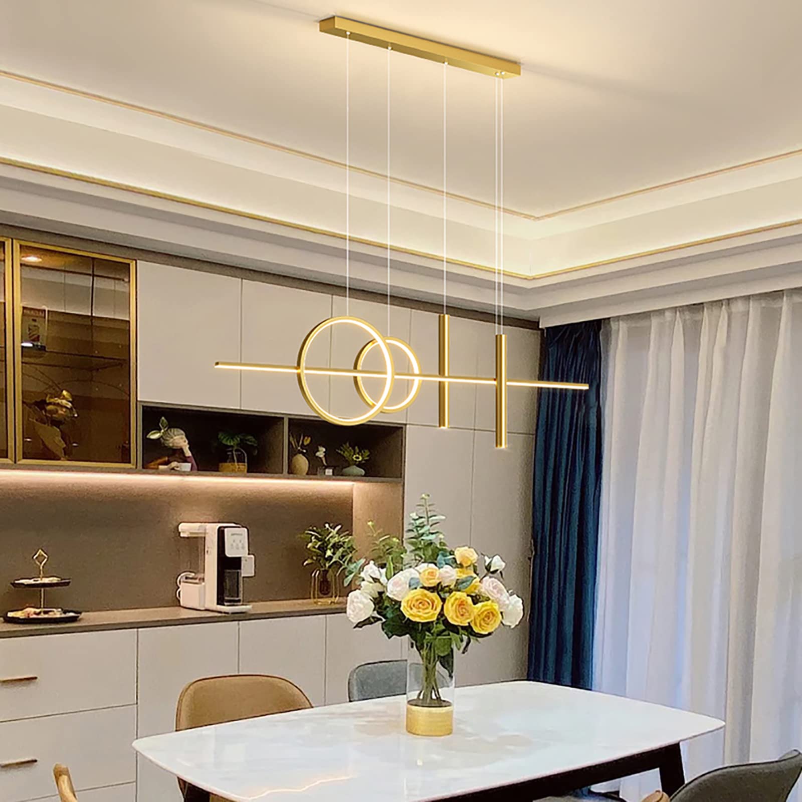 Dimmable Linear LED Chandelier - Adjustable Hanging Light Fixture for Dining Room, Living Room & Kitchen Island | Modern LED Pendant Light with Spotlight in Gold (120cm/47inch) | Perfect for Home Decor, Restaurants & Office Spaces