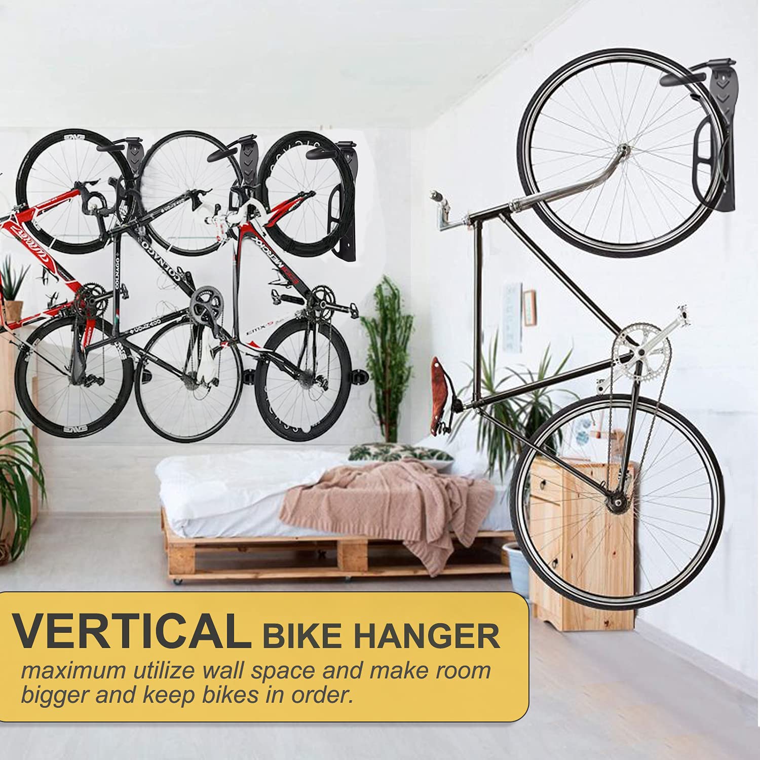 4 Pack Vertical Bike Hooks for Garage Wall Mount - Heavy Duty Bicycle Storage Hangers with Non-Reversible Design | Perfect for Indoor Bike Organization, Garage Storage & Space Saving Solutions