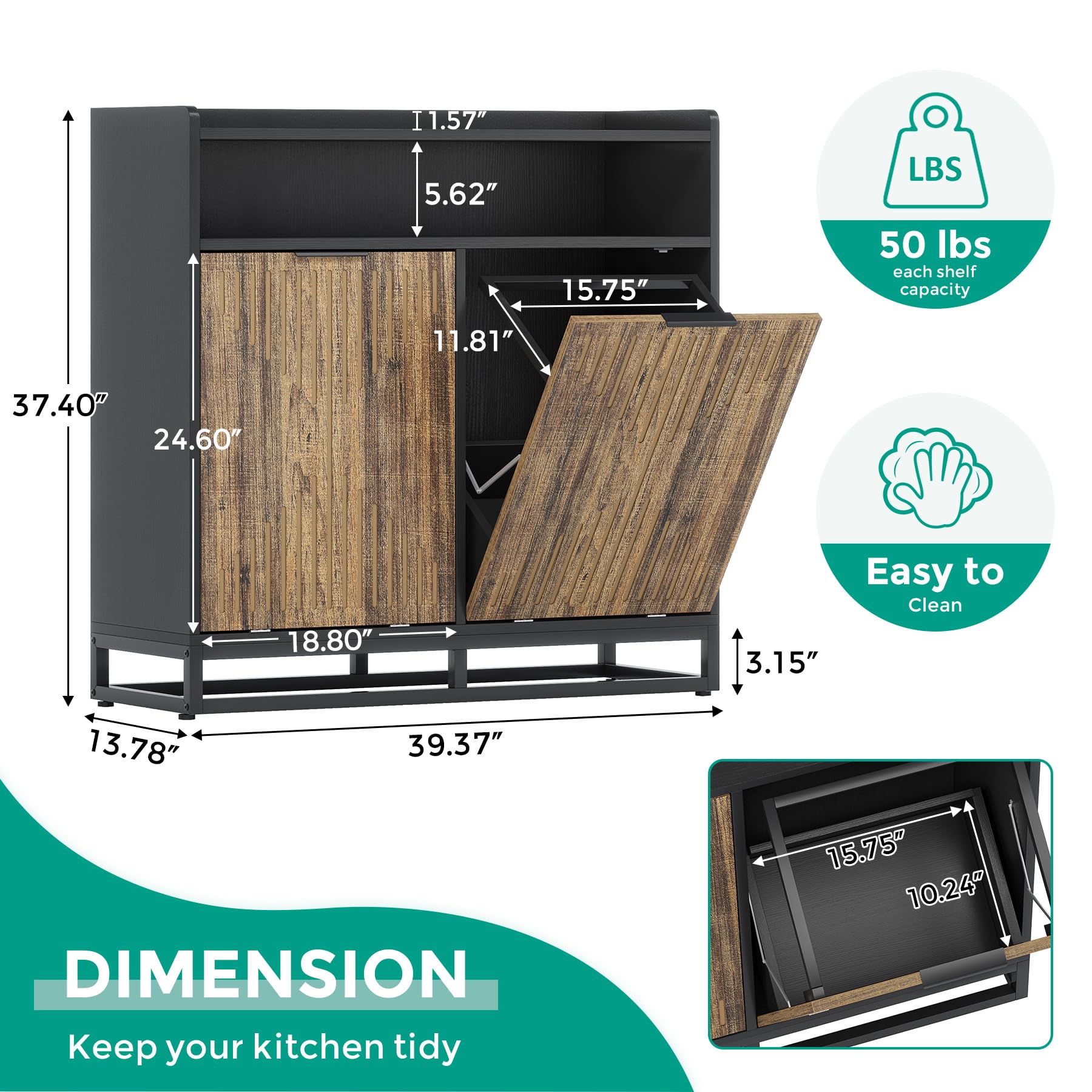 Double Tilt Out Trash Cabinet - 20 Gallon Modern Farmhouse Freestanding Storage Bin for Kitchen, Laundry & Dining Room - Brown & Black Recycling Cabinet (Trash Can Not Included) | Perfect for Waste Management & Home Organization