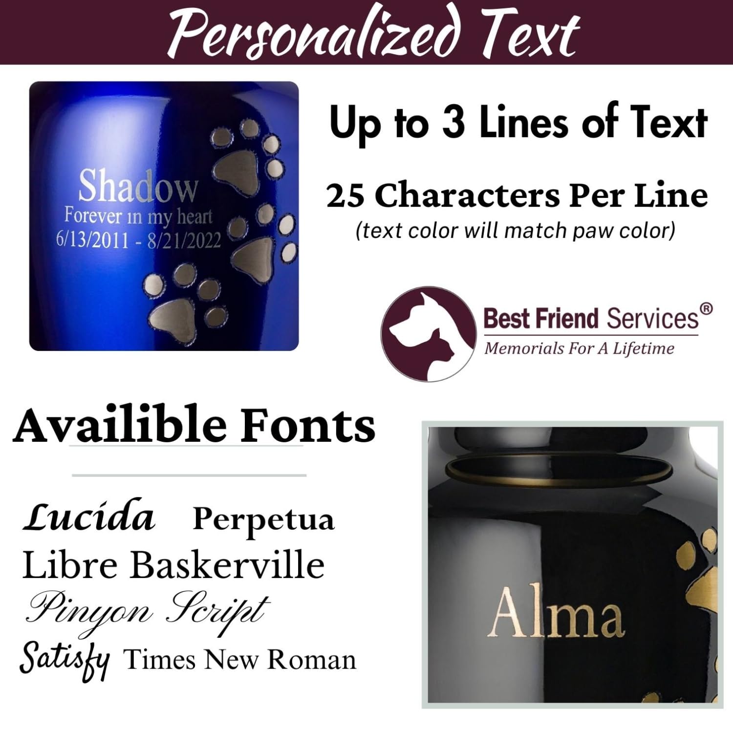 Ottillie Paws Premier Series Large Ebony Pet Memorial Urn with Vertical Brass Paws - Personalized Laser Engraving for Dogs and Cats - Perfect for Home or Garden Memorial Displays