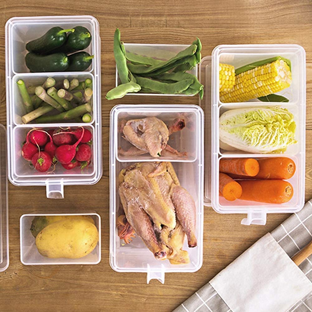 Space Saving Fridge Storage Box with Lid and 3 Bins - 5L Transparent Plastic Refrigerator Organizer for Fruits, Vegetables & Leftovers - Kitchen Storage Container Set (Pack of 1) - Perfect for Small Apartments & Organized Kitchens