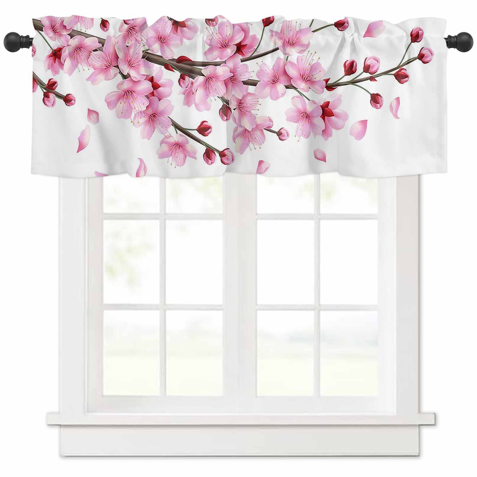 Cherry Blossom Floral Valance Curtains - Rod Pocket Window Treatment for Bedroom, Kitchen & Small Windows - Thermal Insulated & Machine Washable - Pink Spring Floral Design - 1 Panel (54