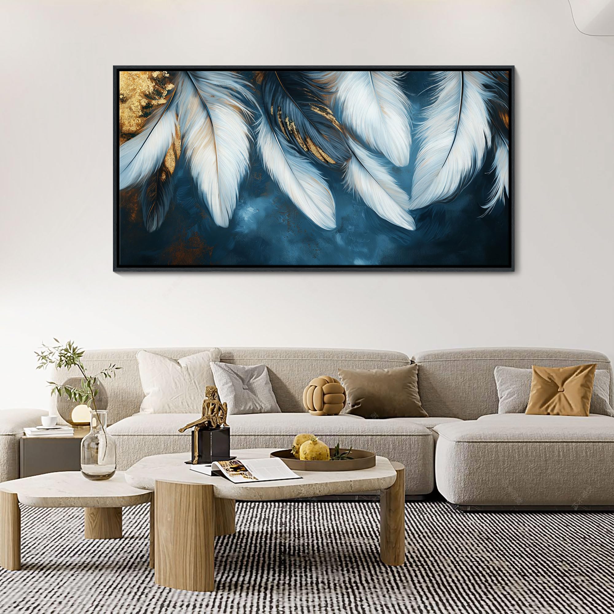 Blue and Gold Framed Wall Art - Navy Blue Feather Canvas Painting 24×48IN, Elegant Living Room & Bedroom Decor, Perfect Above Bed or Sofa for Modern Home Aesthetic