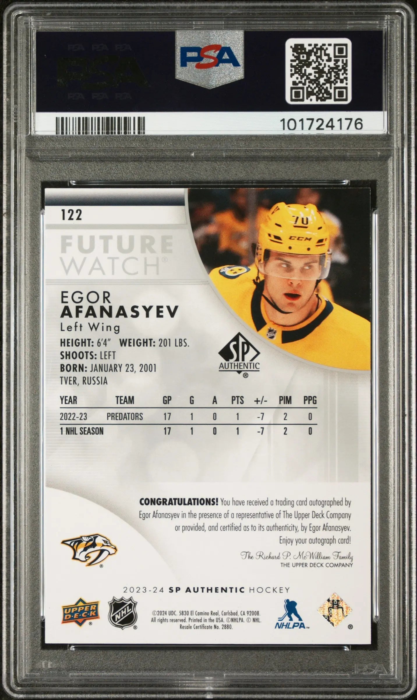 2023 UD SP Authentic Egor Afanasyev Future Watch Autograph PSA 8 /999 - Hockey Rookie Card for Collectors & Investors - Perfect for Display, Trading, and Sports Memorabilia Collections