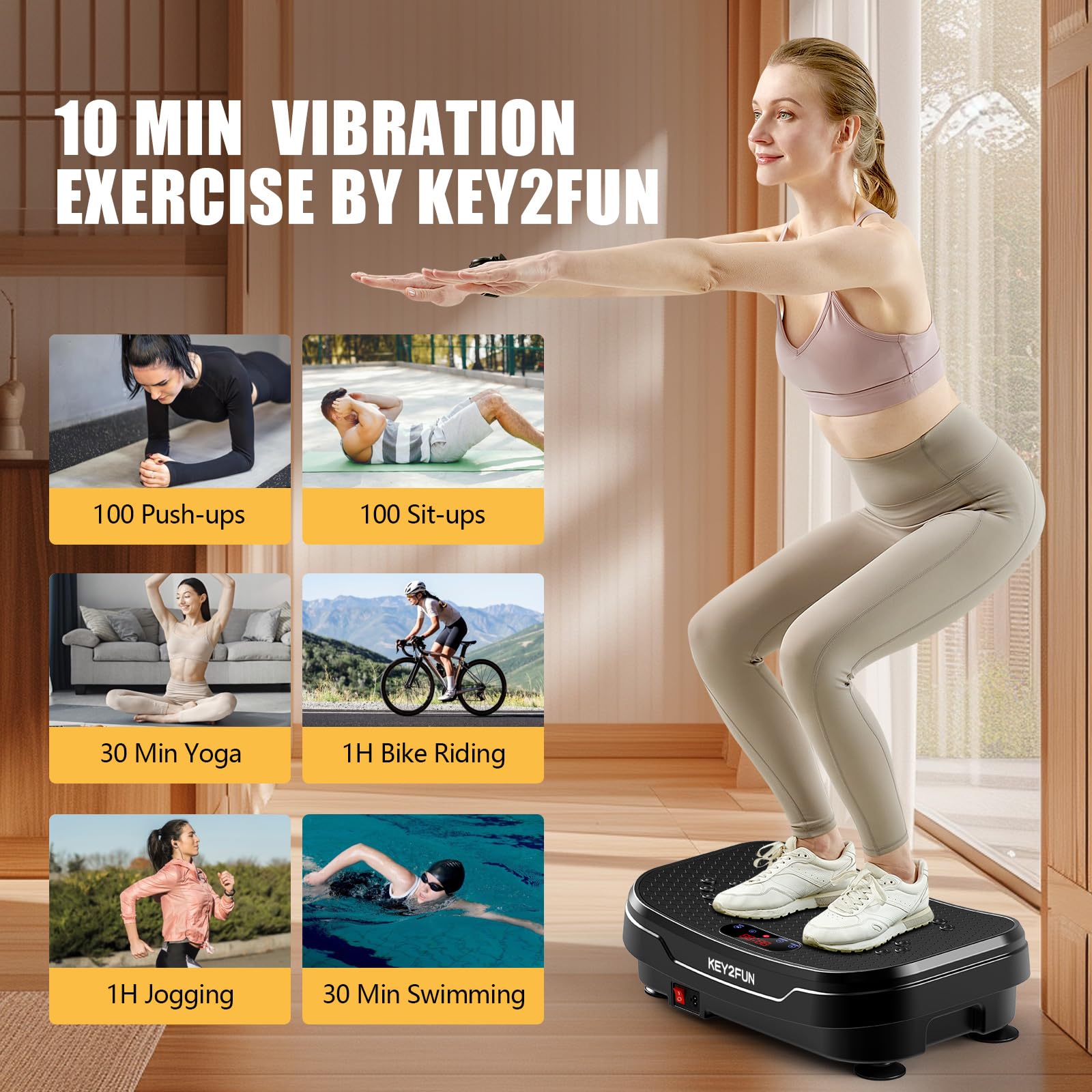 KEY2FUN 2025 Upgraded Vibration Plate Exercise Machine - Large-Size Vibrating Platform with Resistance Bands for Lymphatic Drainage & Home Fitness (330LBS Capacity) | Perfect for Weight Loss, Muscle Toning & Circulation Improvement