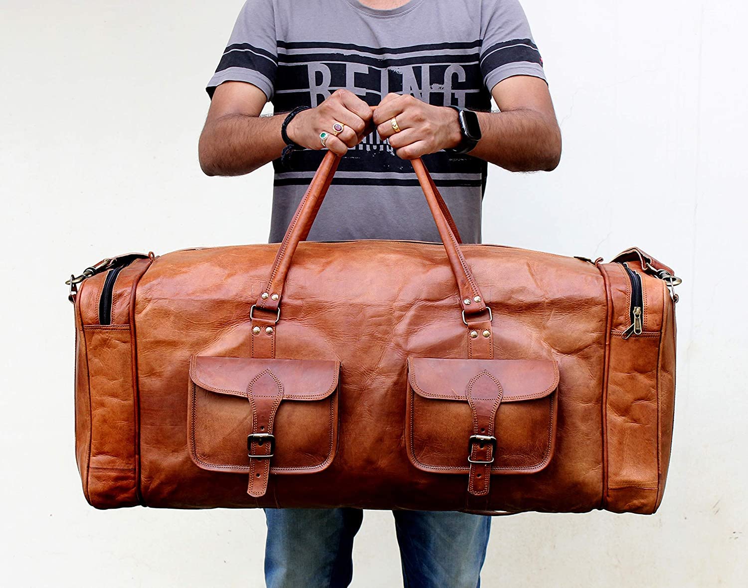 Premium 24-Inch Large Duffel Bag for Men - Genuine Leather Travel Holdall, Gym & Sports Overnight Bag, Oversized Weekender Carry-On (30-Inch, Brown) - Perfect for Business Trips, Gym Workouts & Weekend Getaways
