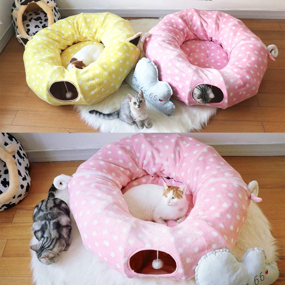 AUOON Cat Tunnel Bed with Central Mat - Large Tube Playground Toy for Kittens, Cats, Puppies, Rabbits & Ferrets | Yellow Moon-Shaped Pet Hideout for Under Christmas Tree | Perfect for Playtime, Napping & Indoor Pet Activities