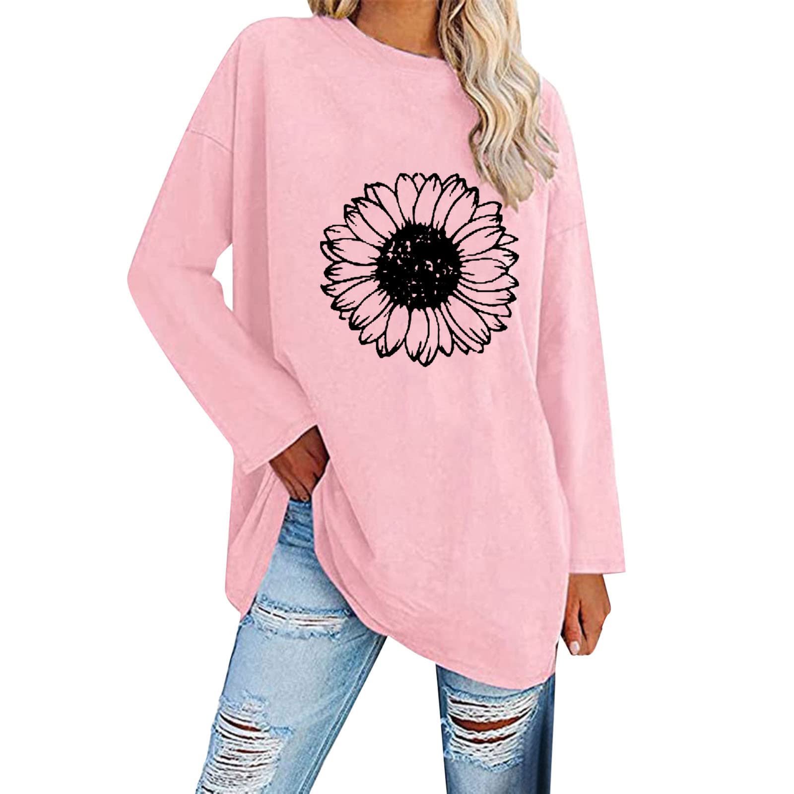 Women's Loose Printed Blouses - Comfortable Round Neck Long Sleeve T-Shirts & Casual Tops | Soft Sweatshirt Work Shirts for Office & Everyday Wear | Perfect for Business Casual, Weekend Outings & Layering