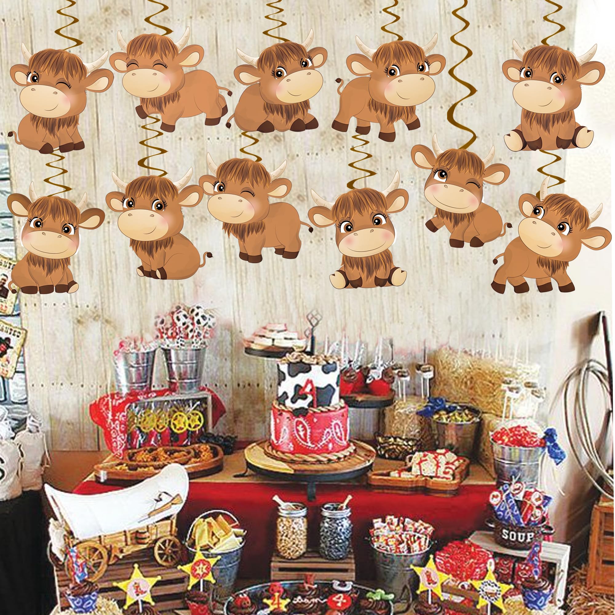 15pcs Highland Cow Hanging Swirl Decorations - Brown Cow Print Party Supplies for Western Theme Birthday, Baby Shower & Kids Events | Perfect for Farm Animal, Rustic & Country Style Celebrations