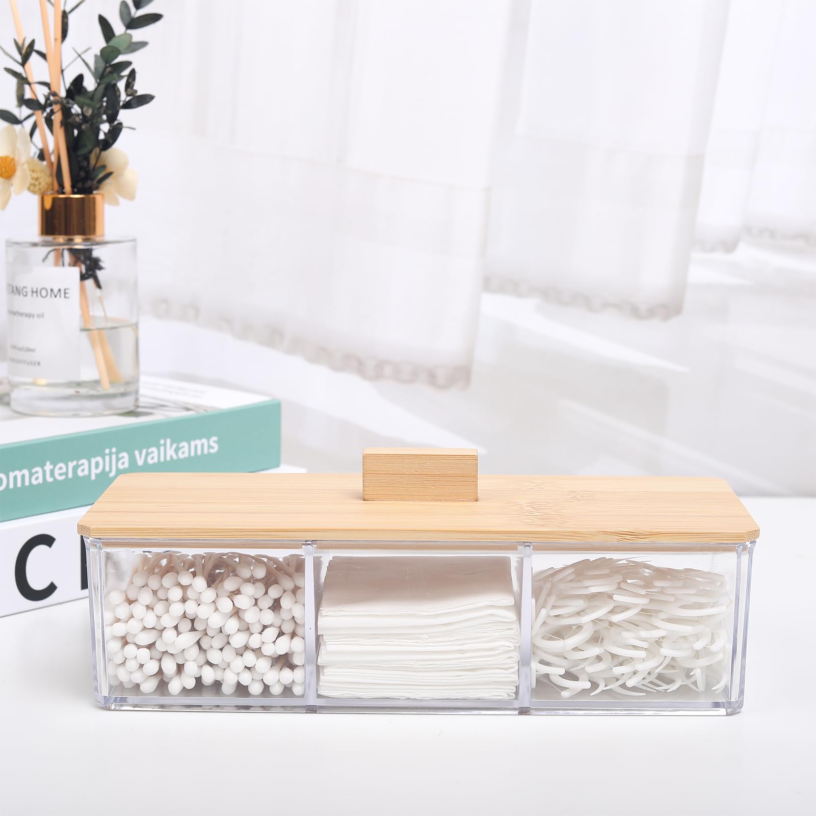 Clear Acrylic Qtip Holder with Lid - 3 Compartments for Cotton Balls & Swabs | Bathroom & Makeup Organizer