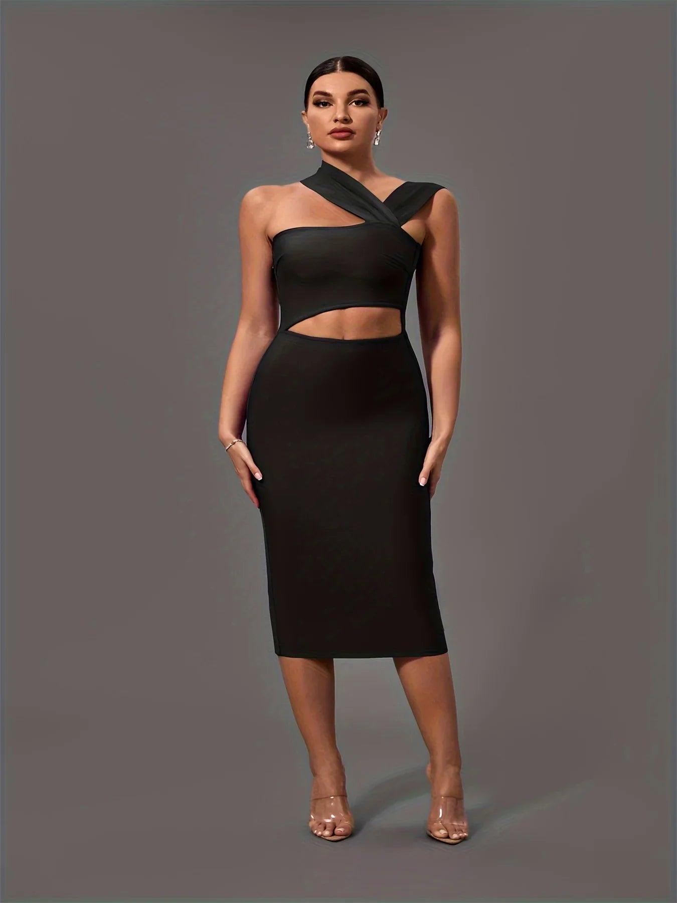 Black Bandage Dress for Women - Elegant Midi Bodycon Party Dress with Halter Neck & Sexy Cut Out Design | Perfect for Birthday, Evening, Club Outfits & Summer Events