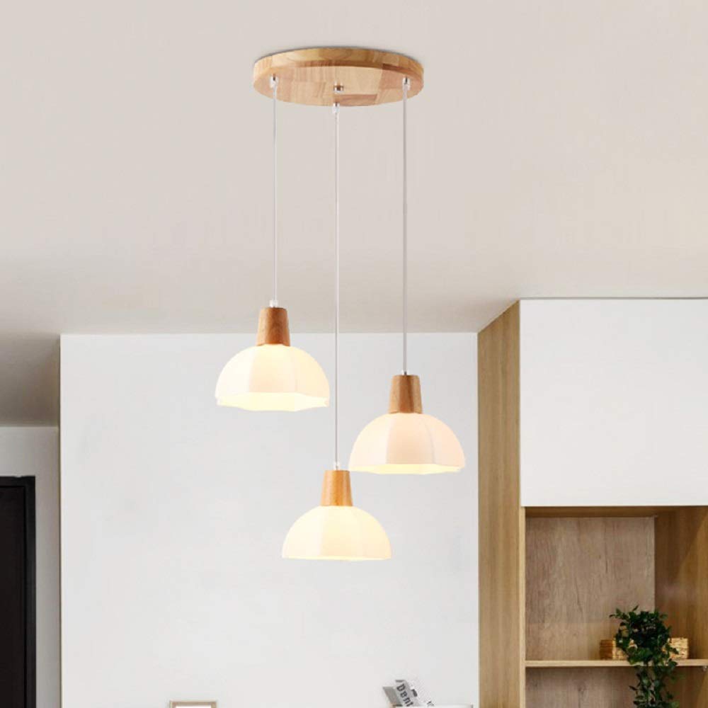 Modern White Wood Cluster Pendant Light with Opal Glass Shade - 3 Bulb Contemporary Hanging Lamp for Dining Room, Kitchen Island & Living Room Decor
