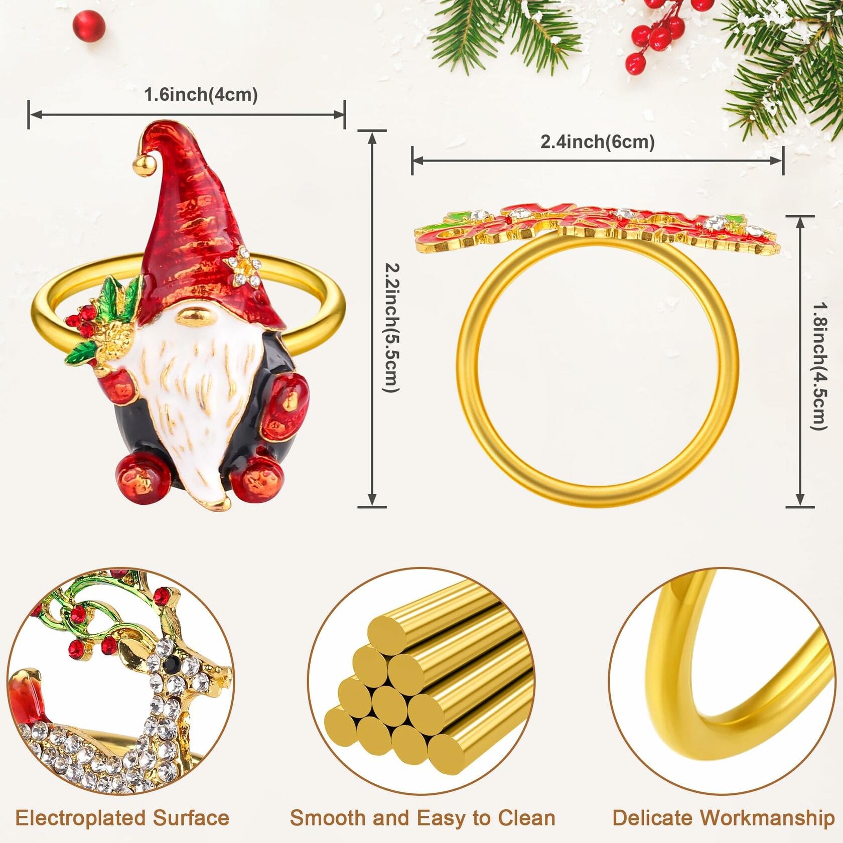 12-Pack Gold Christmas Napkin Rings with Rhinestones - Elegant Holiday Table Decor for Christmas Dinner, Party & Wedding Decorations