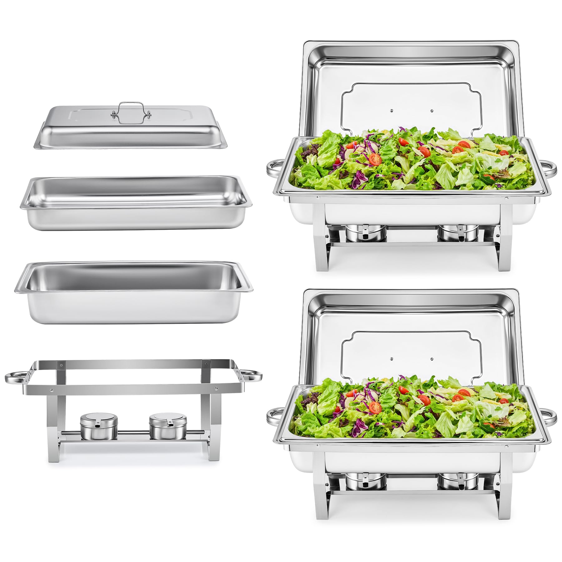 2-Piece Stainless Steel Chafing Dish Buffet Set with 4 Full-Size Food Pans & Foldable Frame - Commercial-Grade Food Warmers for Parties, Banquets, Catering & Buffet Serving - Perfect for Weddings, Events & Large Gatherings
