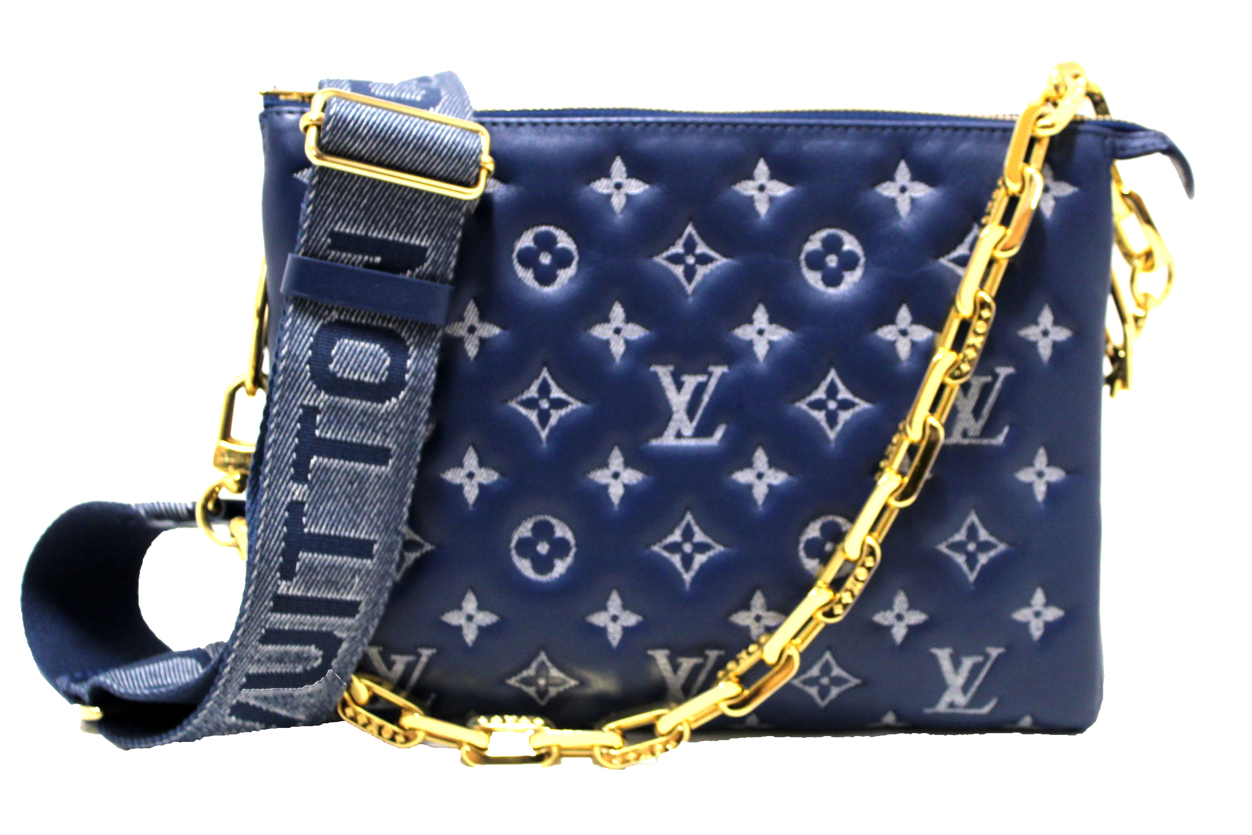 Authentic Louis Vuitton Denim Blue Lambskin Embossed Monogram Coussin PM Handbag - Luxury Designer Crossbody Purse for Women, Perfect for Date Night & Special Occasions
