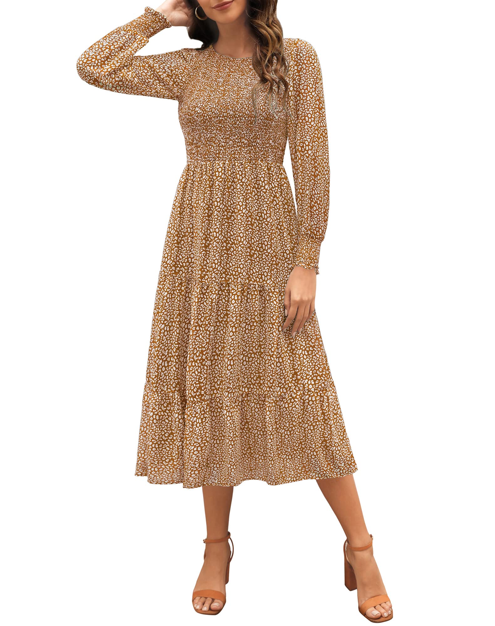 Zattcas Women's Fall Dresses 2025 - Long Sleeve Boho Floral Midi Dress with Smocked Waist & Pockets | Casual Wedding Guest Outfit for Autumn Parties, Date Nights & Special Occasions