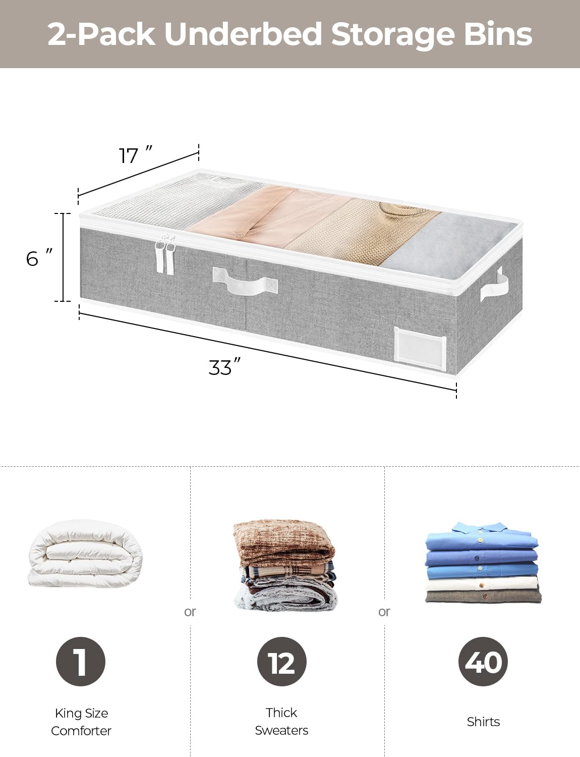 StorageWorks Large Under Bed Storage Containers with Handles & Label Holder - 2 Pack Ultra-Thick Fabric Underbed Bins for Clothes, Blankets, Sweaters | Space-Saving Closet Organizer for Seasonal Storage & Bedroom Organization
