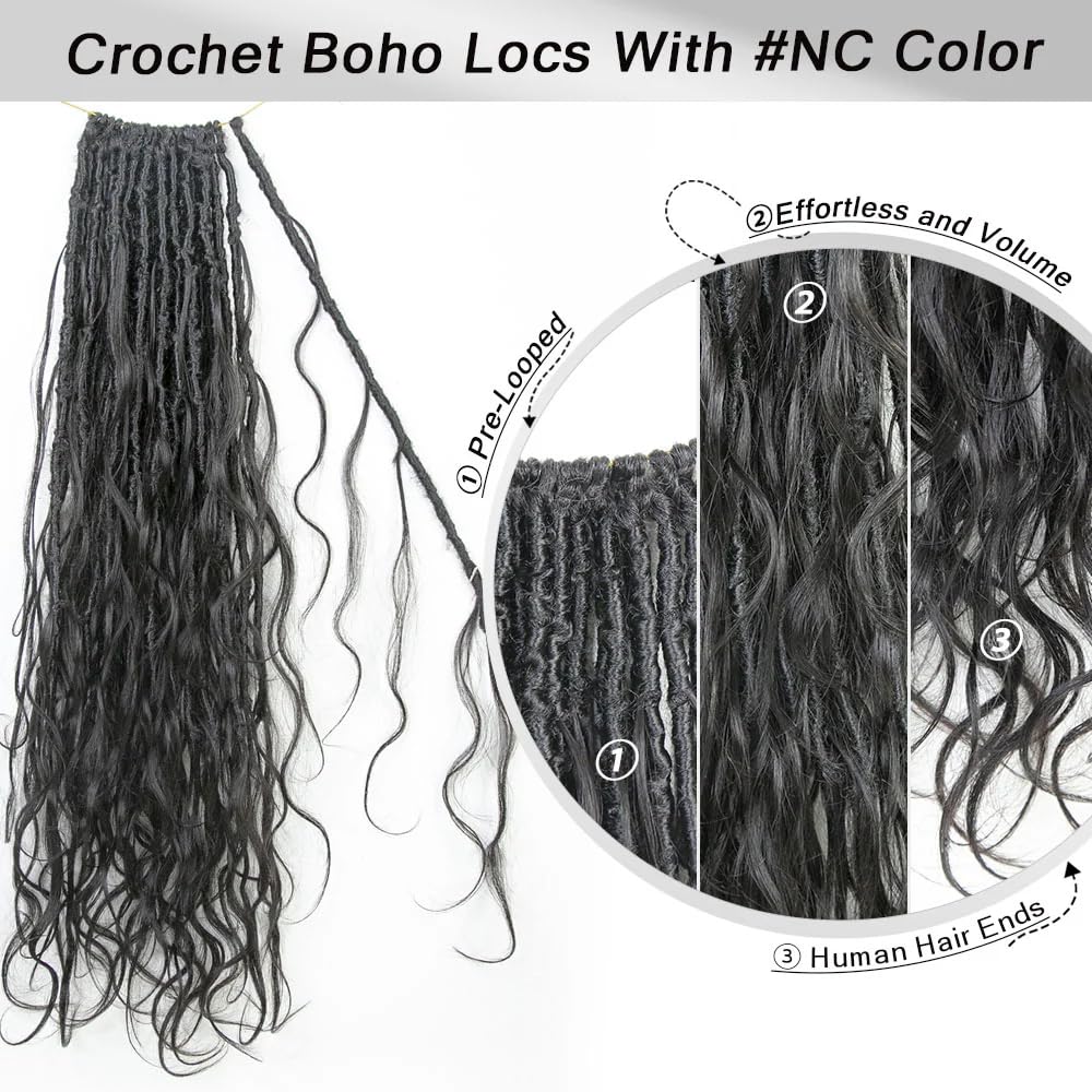 Boho Faux Locs Crochet Braiding Hair - 22 Inch Human Hair Extensions with Loose Wave Curls & Full Ends (48 Strands, Natural Color) for Black Women - Perfect for Protective Styling, Weddings & Everyday Wear