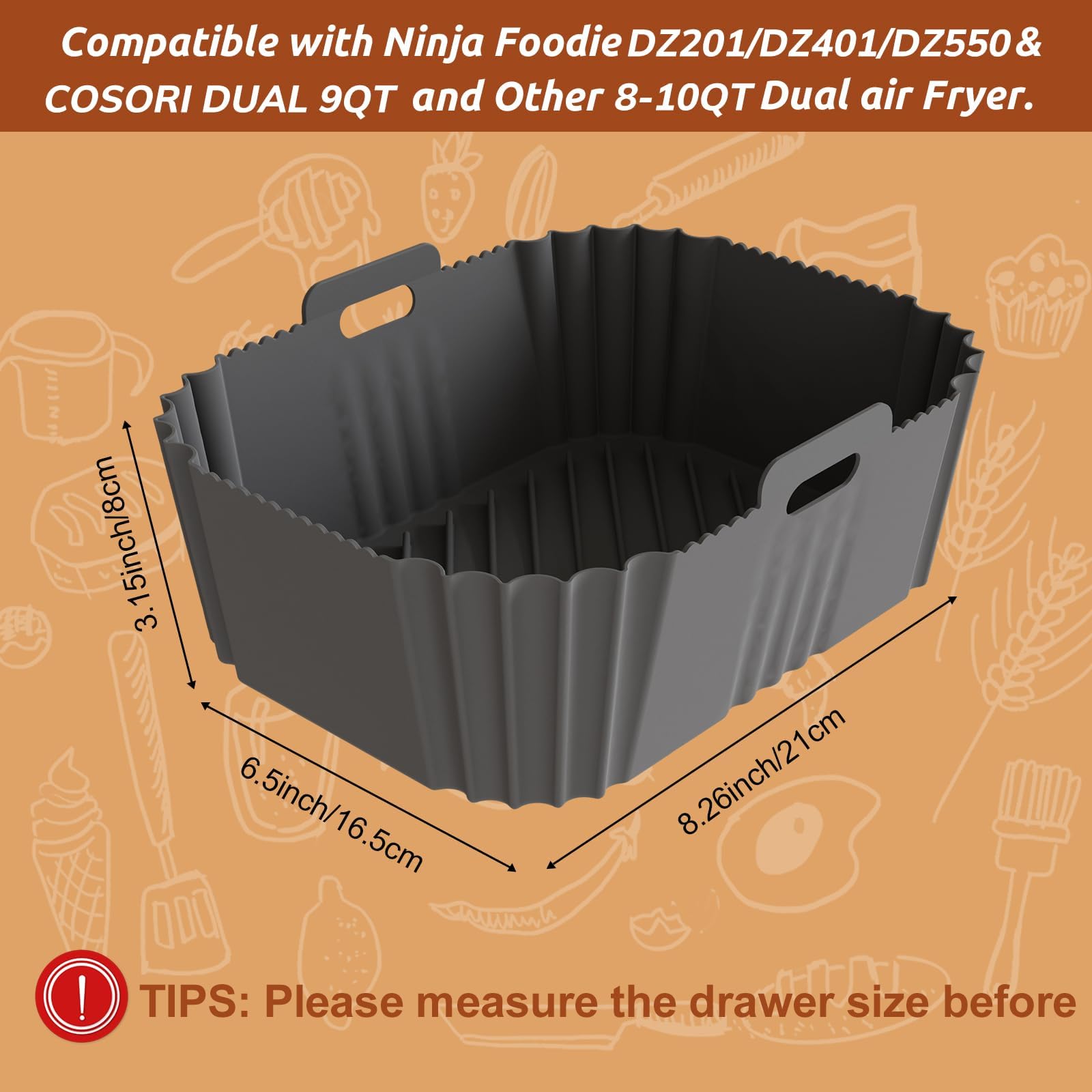 2PCS Non-Stick Silicone Air Fryer Liners for Ninja DZ201/DZ401/DZ550 8-10 QT - Compatible with Ninja, Chefman, COSORI 2 Basket Air Fryers - Reusable Baking Tray Accessories for Healthier Cooking & Easy Cleanup - Perfect for Roasting, Baking, and Air Frying Chicken, Fries, and Vegetables