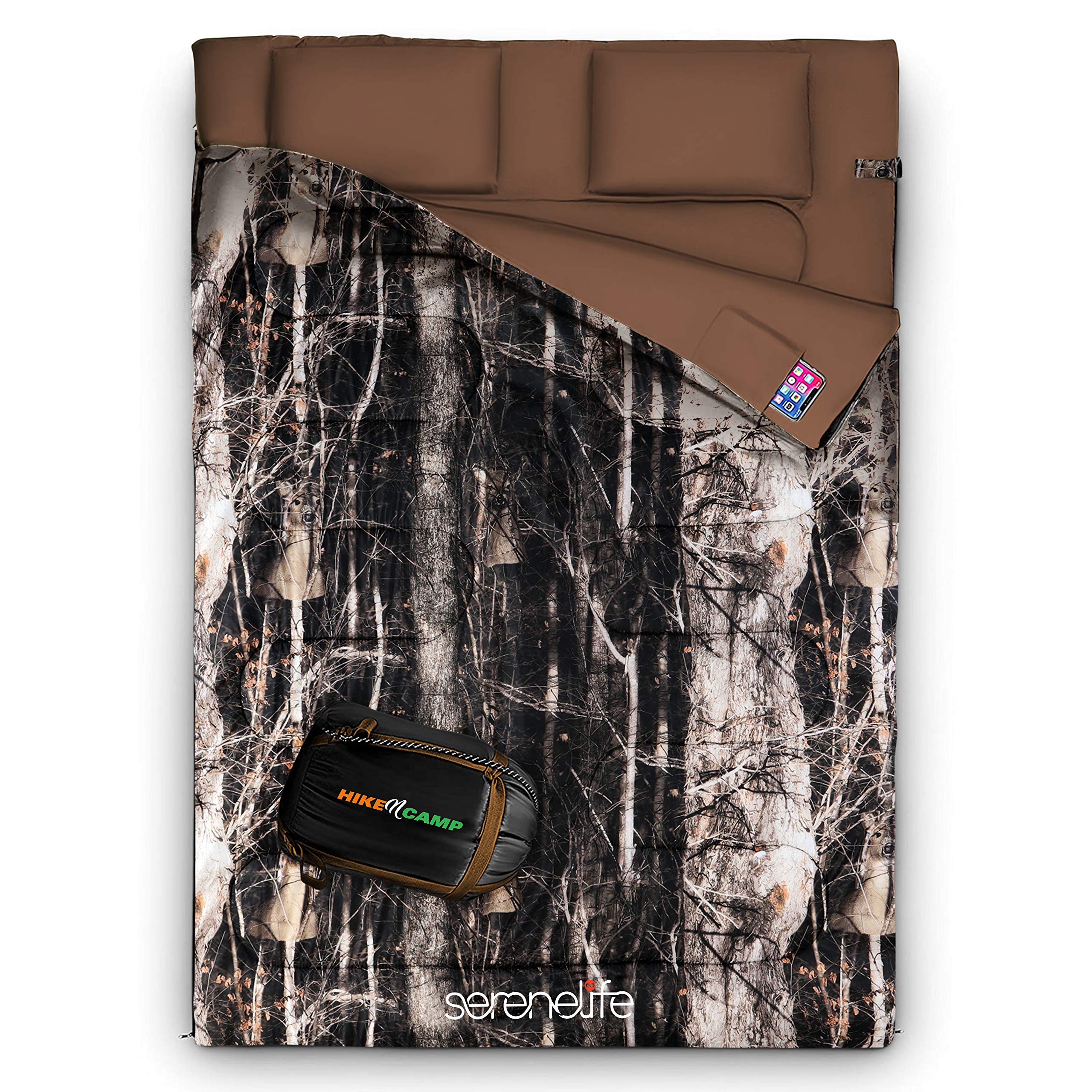 SereneLife Double Sleeping Bag with Pillows - Waterproof, Detachable into 2 Single Bags - Lightweight & Warm for Camping, Hiking, Backpacking - Cold Weather Rated 5-10°F - Perfect for Couples Getaways, Family Camping Trips & Winter Outdoor Adventures