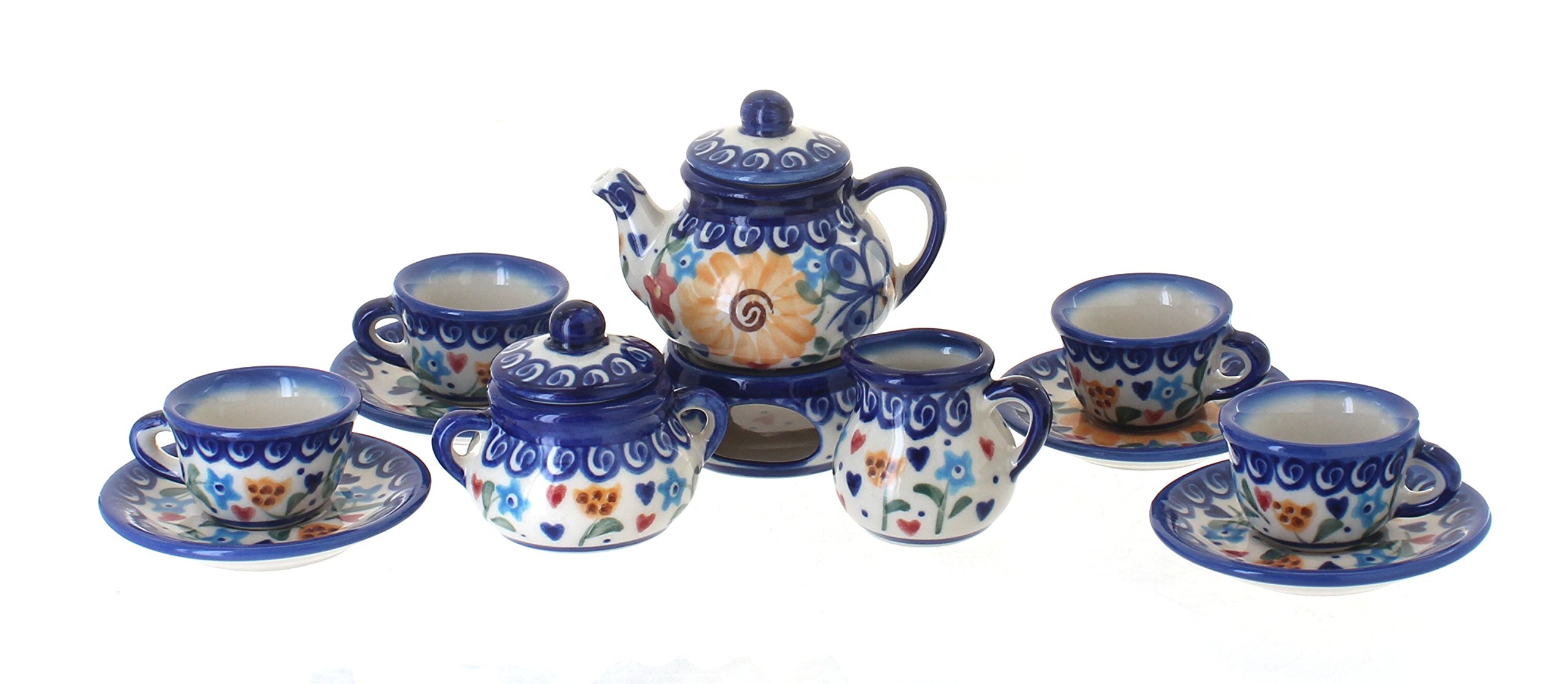 Handmade Blue Rose Polish Pottery Butterfly Miniature Tea Set - 12-Piece Floral Porcelain Tea Cups with Saucers for Afternoon Tea, Bridal Shower & Collectible Display
