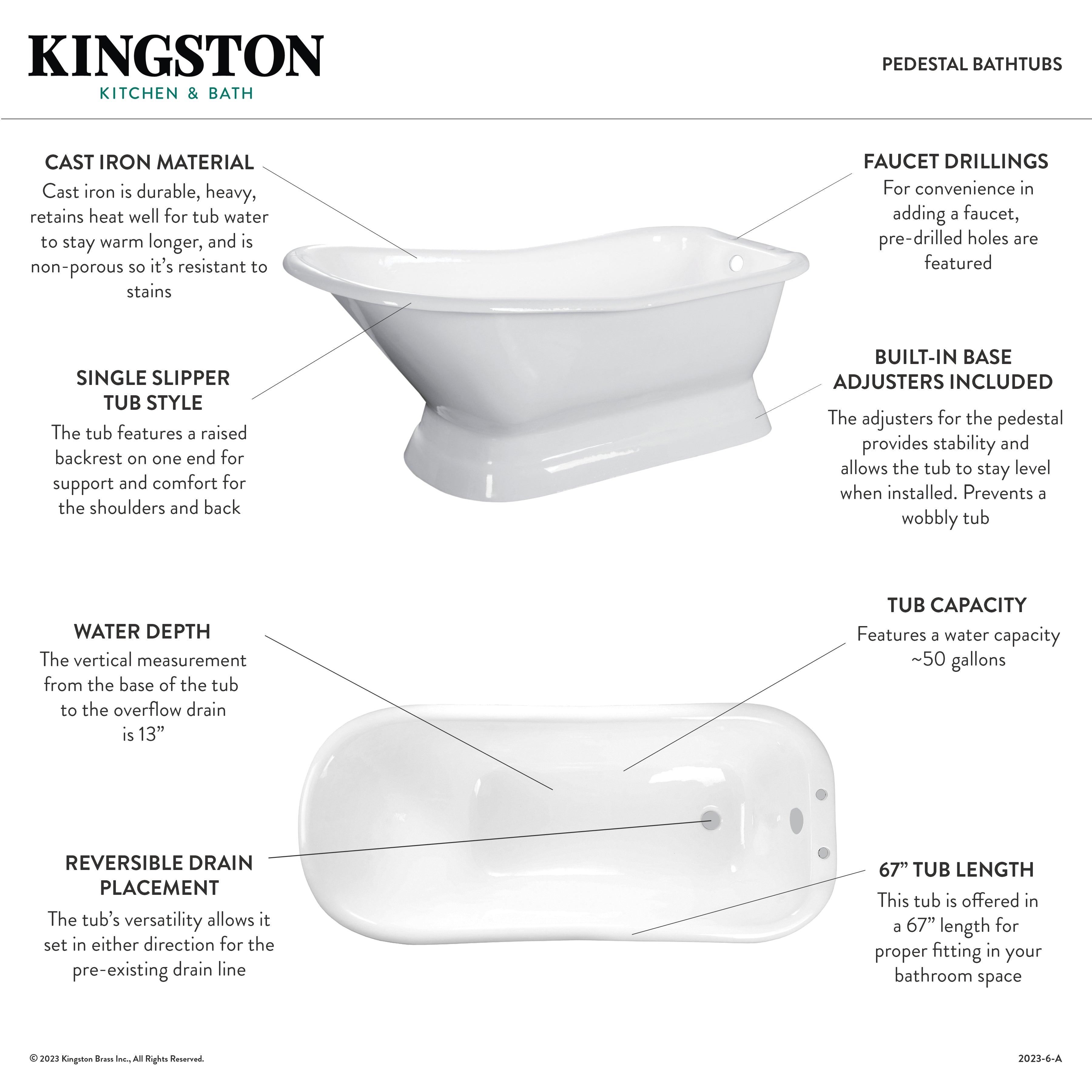Aqua Eden 67 Inch White Cast Iron Oval Single Slipper Pedestal Bathtub with 7 Inch Faucet Drillings - Vintage Freestanding Soaking Tub for Luxury Bathroom & Spa Relaxation