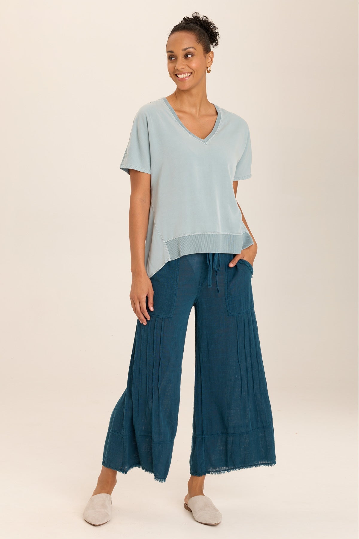 Clara Twill & Jersey Relaxed V-Neck T-Shirt for Women - Soft Casual Comfort Tee for Everyday Wear, Lounge & Outings