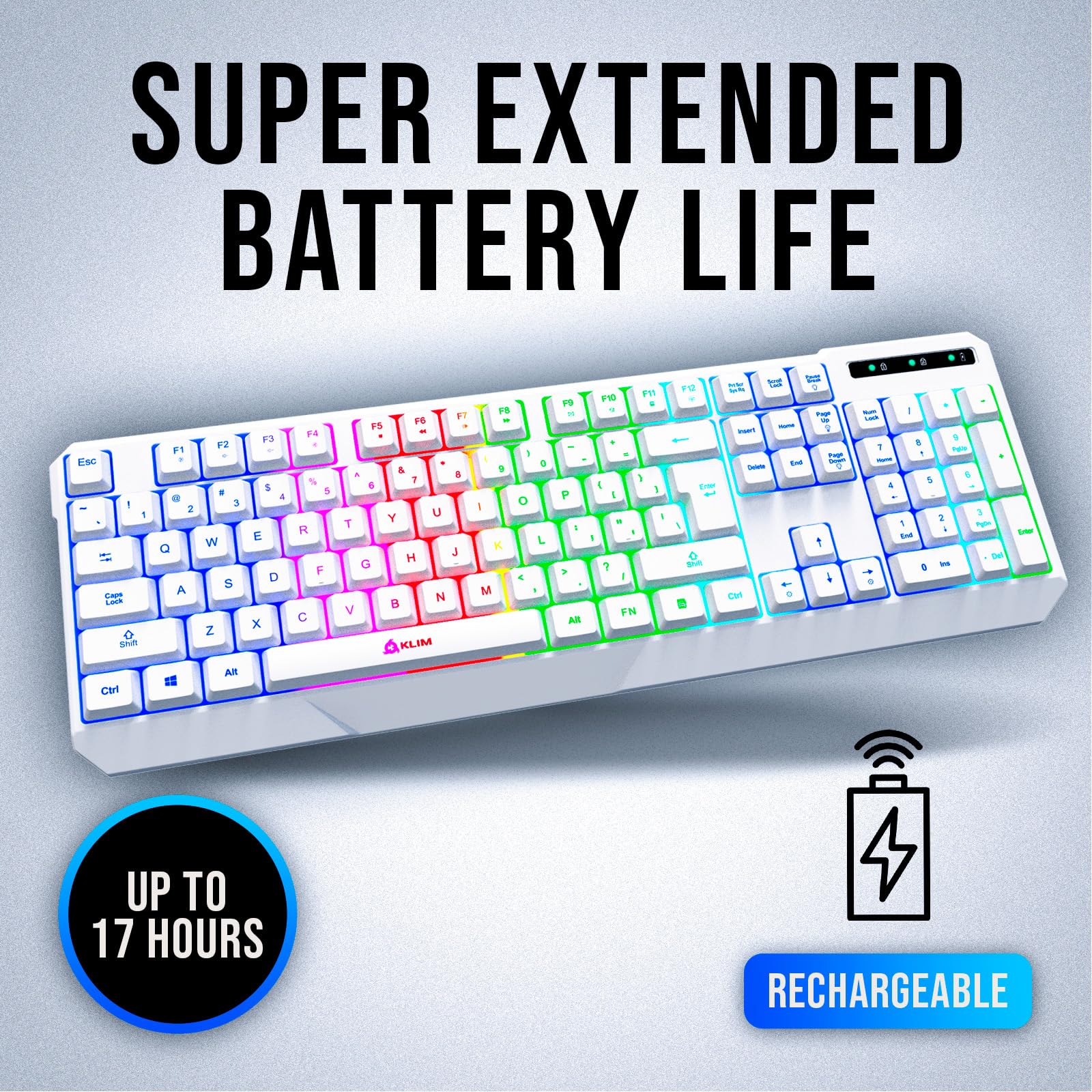 KLIM Chroma Wireless RGB Gaming Keyboard - 2024 New Model with Rechargeable Battery, Quiet Typing & Water Resistant Backlit Design - Compatible with PC, PS5, PS4, Xbox One & Mac - Perfect for Gaming, Office Work & Late-Night Typing