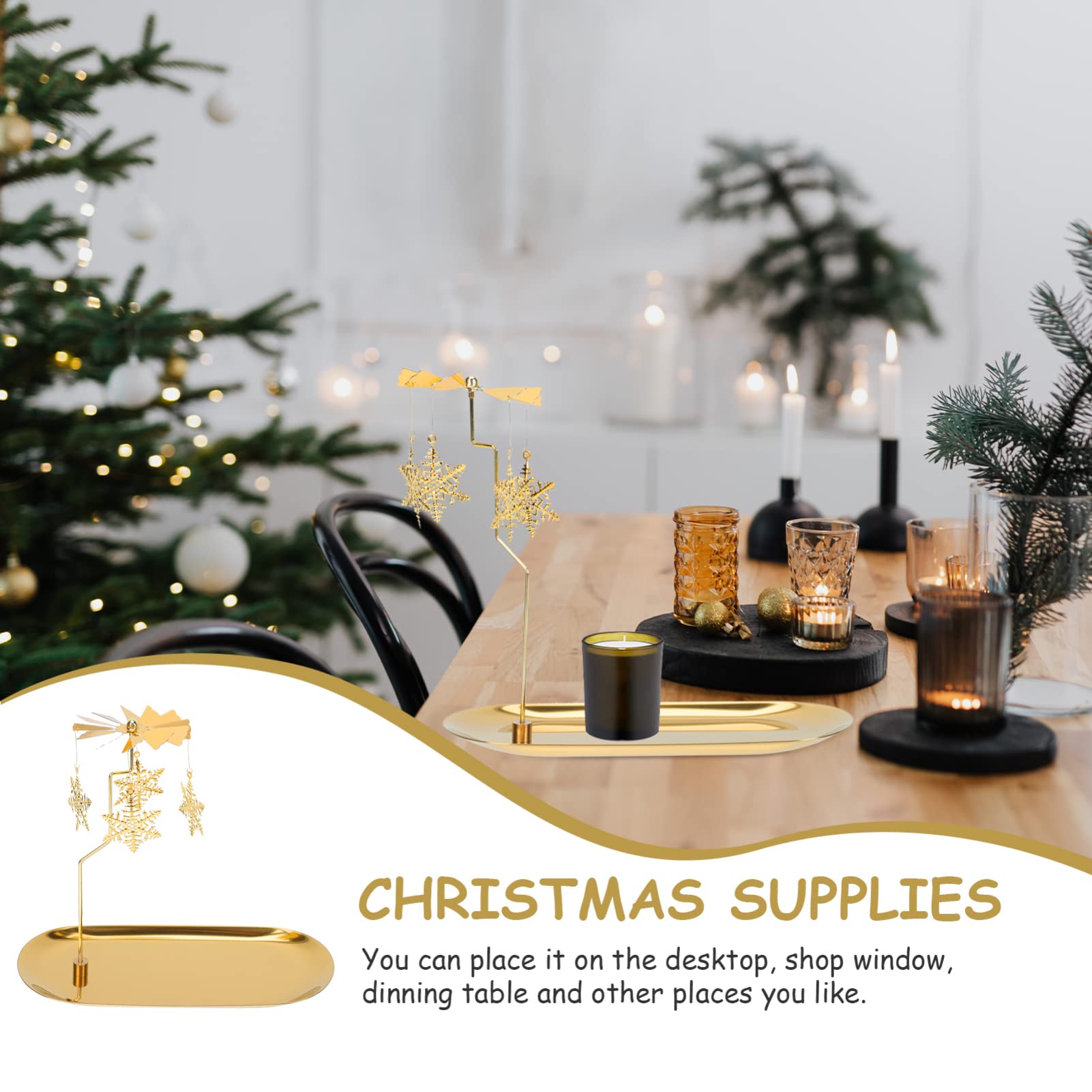 Angoily Rotating Candle Holder Set - Brass Metal Candlestick with Turntable Tray for Christmas & Holiday Decor | Winter Home Decoration | Perfect for Table Centerpieces, Dinner Parties & Festive Ambiance