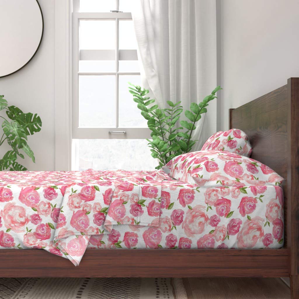 Spoonflower 100% Cotton Twin Size 3-Piece Sheet Set - Watercolor Floral Rose Peony Impressionist Print Custom Bedding for Girls | Soft & Breathable for Comfortable Sleep | Perfect for Kids' Rooms, Dorm Decor & Gift Giving