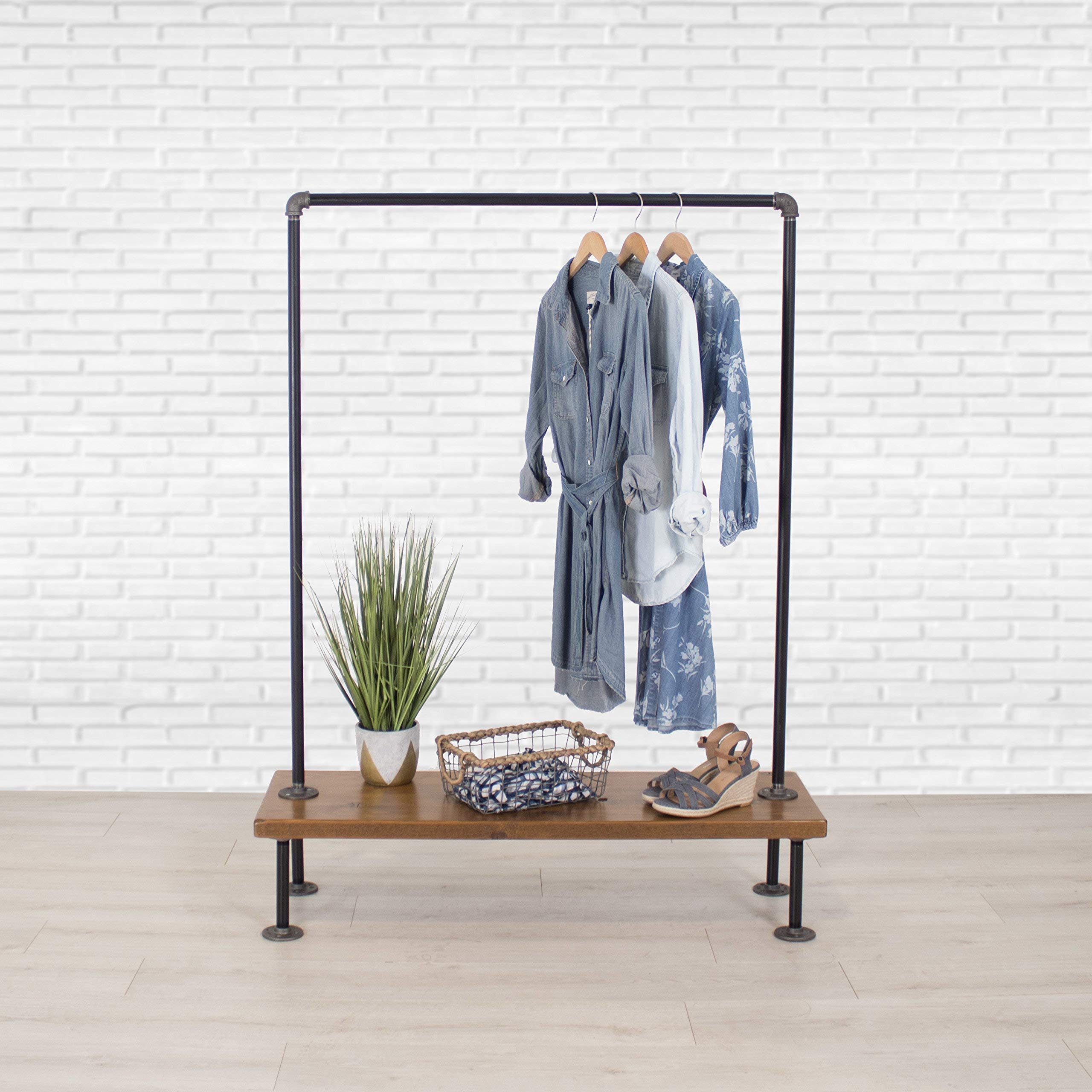 Vintage Industrial Pipe Clothing Rack with Wood Shelf - Heavy Duty Garment Organizer for Bedroom, Closet, or Laundry Room Storage