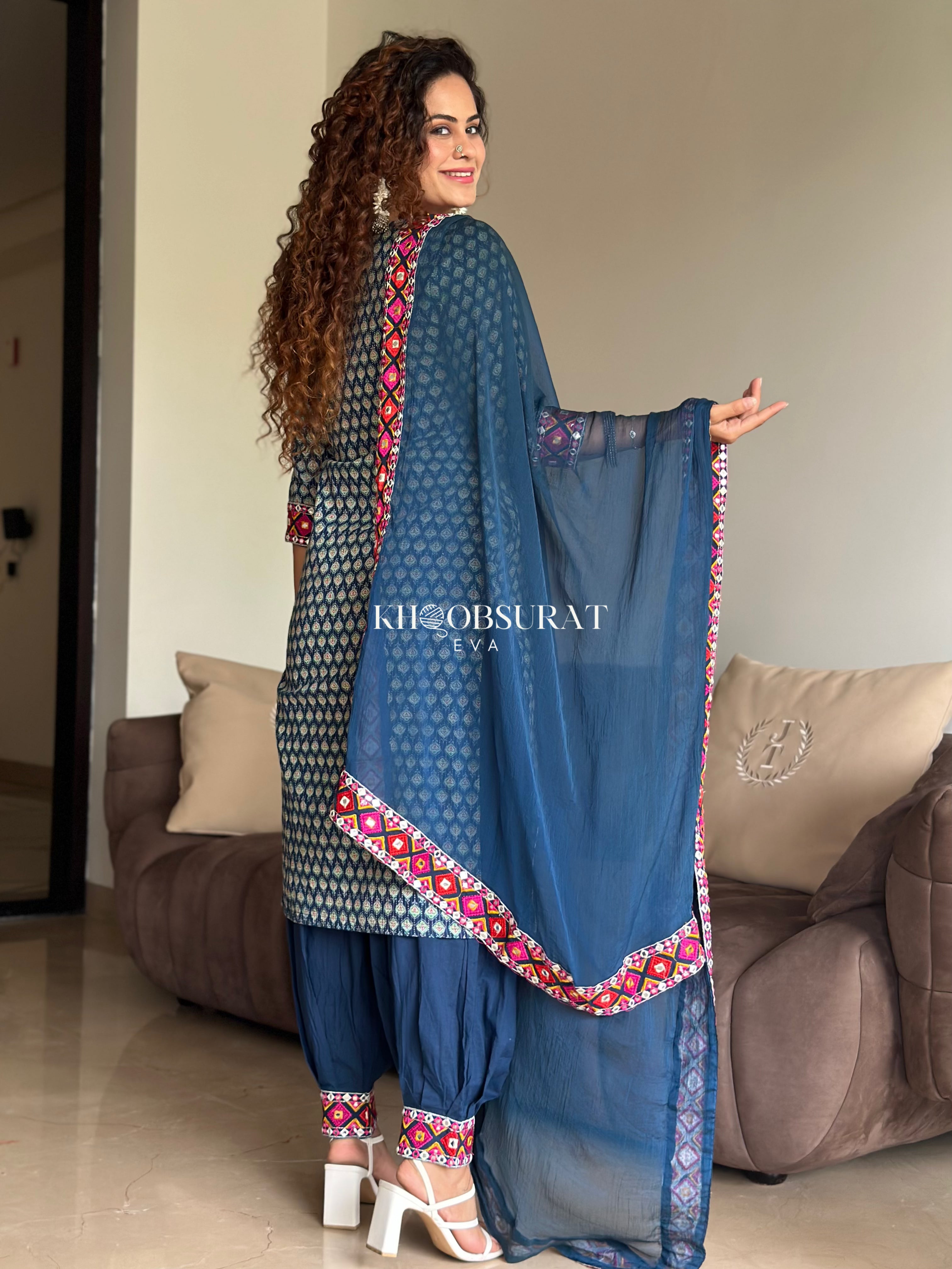 Radha Blue Kurta with Afghani Salwar - Traditional Indian Ethnic Wear for Women | Perfect for Festivals, Weddings & Cultural Events