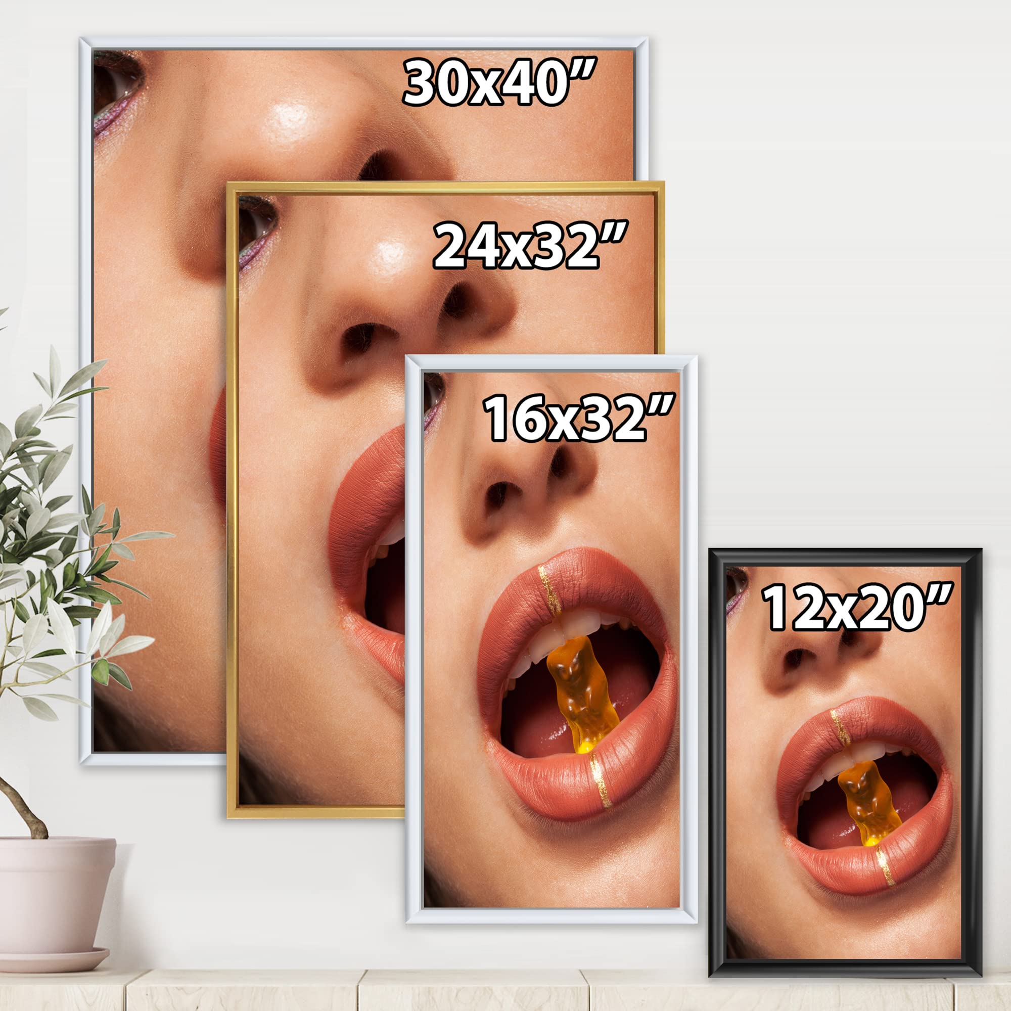 Modern Framed Canvas Wall Art Print - Close Up View of Woman Biting Gummy Bear - Perfect for Living Room, Bedroom & Office Decor