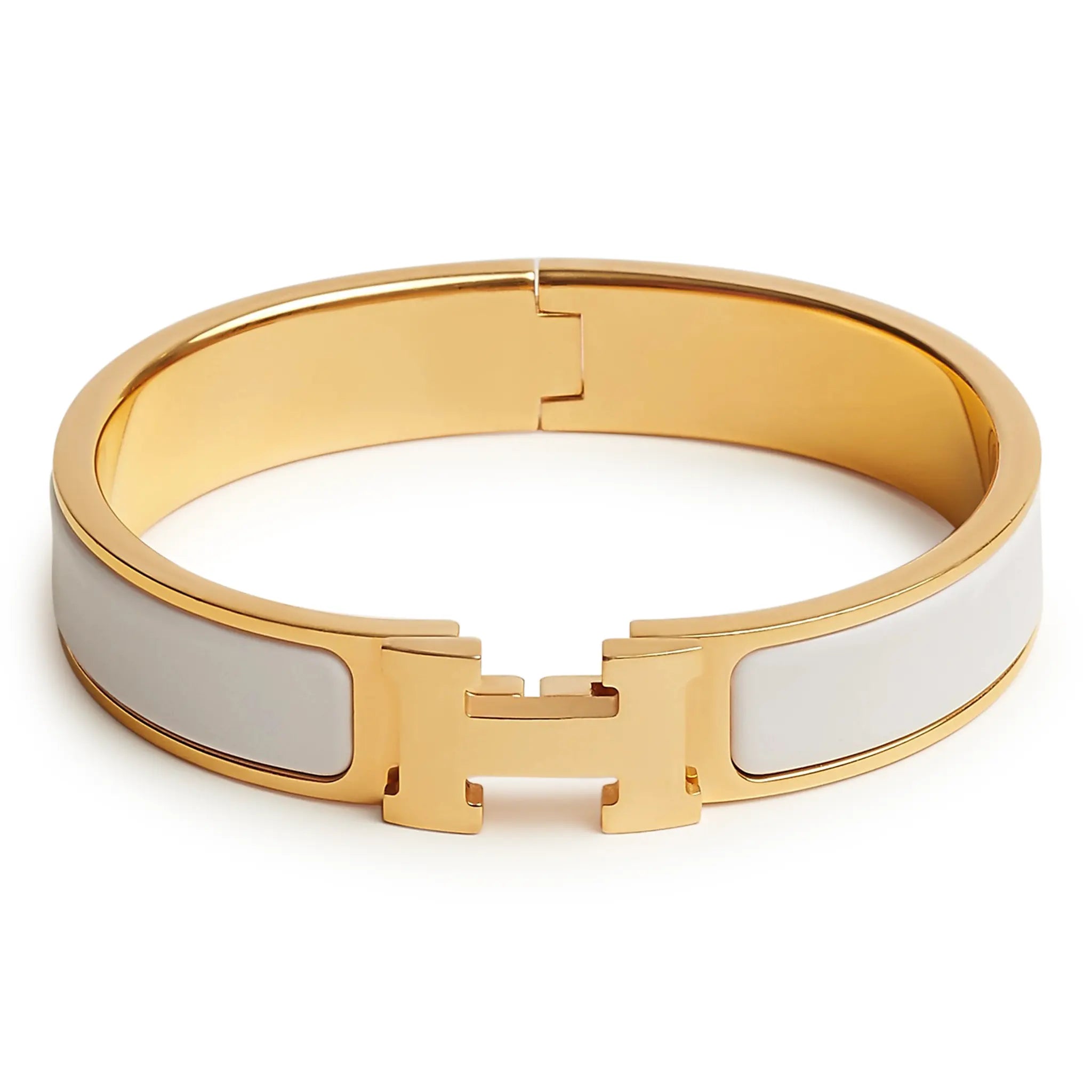 Hermès Paris Clic H Bracelet for Women - White Enamel & Gold Plated Bangle - Perfect for Everyday Wear, Office & Special Occasions