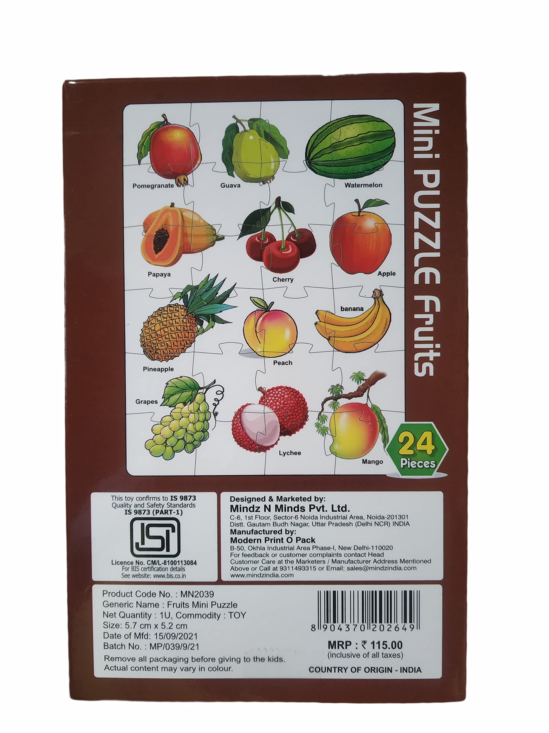 Mindz Fruits Mini Puzzle for Kids Ages 3+ | 24 Piece Educational Toddler Puzzle | Colorful Learning Toy for Preschoolers | Perfect for Birthday Gifts & Classroom Activities