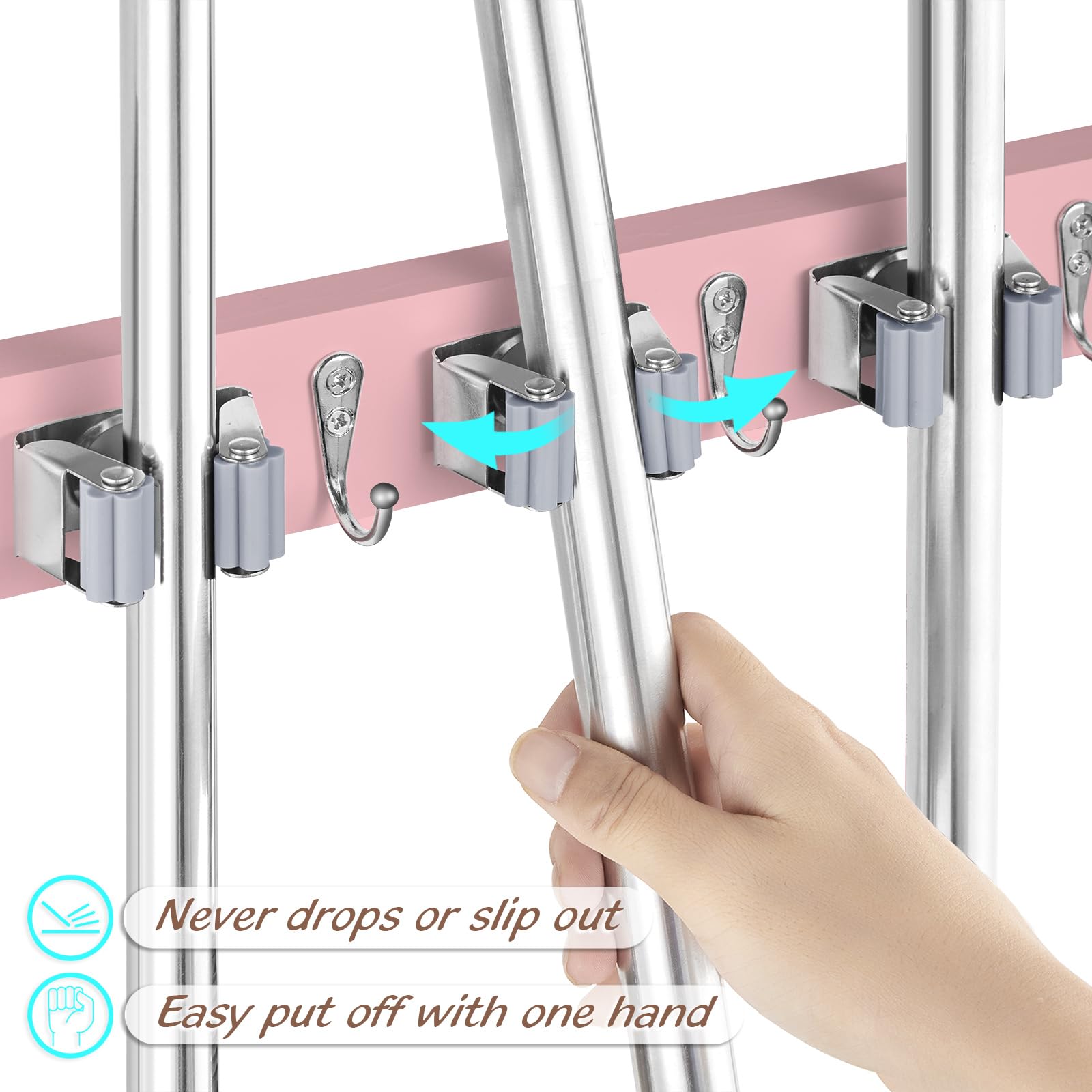 Pink Wall Mount Broom Holder with 4 Slots & 4 Hooks - Wooden Mop Hanger Organizer for Pantry, Closet, Laundry Room & Kitchen - Space Saving Storage Solution for Pink Kitchen Decor - Perfect for Small Spaces and Home Organization