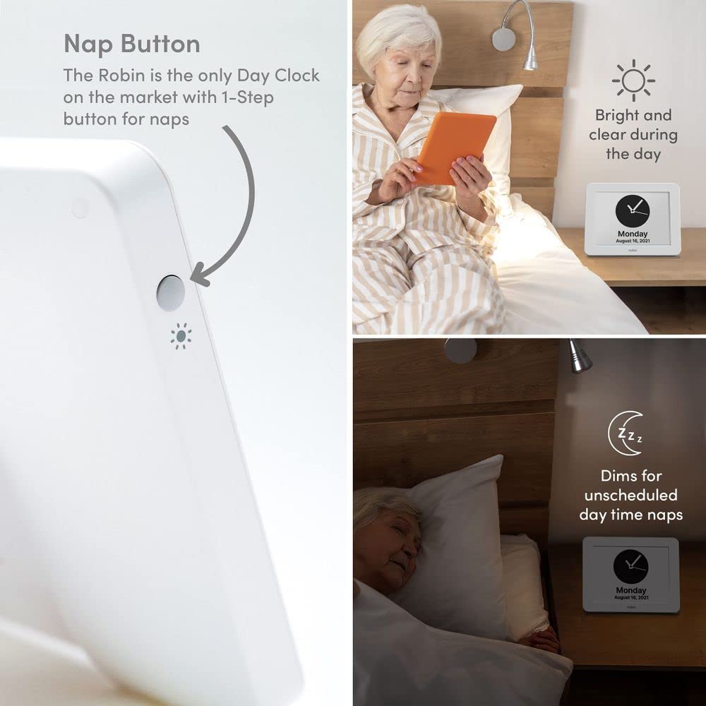 2024 Robin Digital Day & Date Clock for Elderly - Extra Large Dementia & Alzheimer's Clock with Clear Display, White - Perfect for Bedside, Nursing Homes & Memory Care Facilities