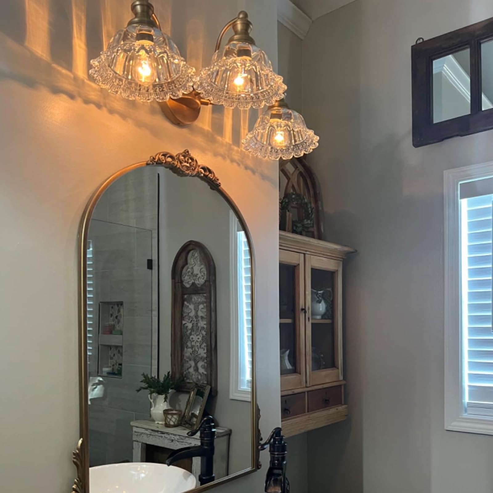 Vintage Bathroom Vanity Light Fixture - 3-Light Matte Antique Brass Bathroom Lighting with Crystal Glass Shade | Elegant Lighting for Bathroom, Powder Room & Dressing Area