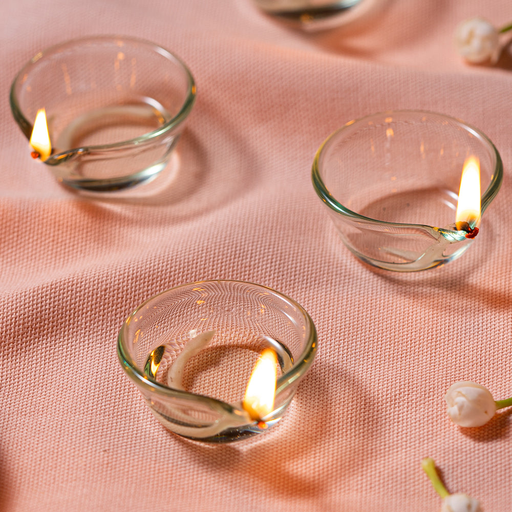Borosil Glass Diya Set of 6 - Handmade Indian Tea Light Candle Holders for Home Decor, Pooja, Wedding & Festival Celebrations