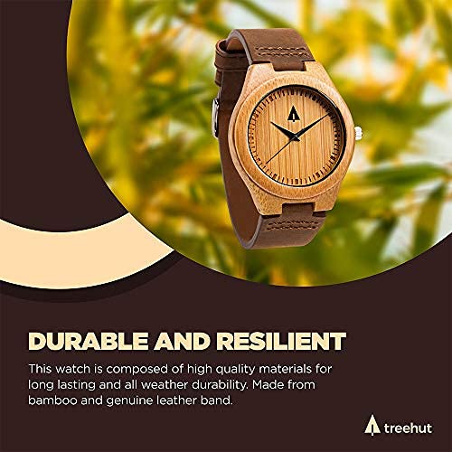 Treehut Men's Wooden Bamboo Watch with Japanese Quartz Movement - Stylish Exotic Wooden Wristwatch with Brown Leather Strap - Perfect for Casual, Business & Outdoor Activities