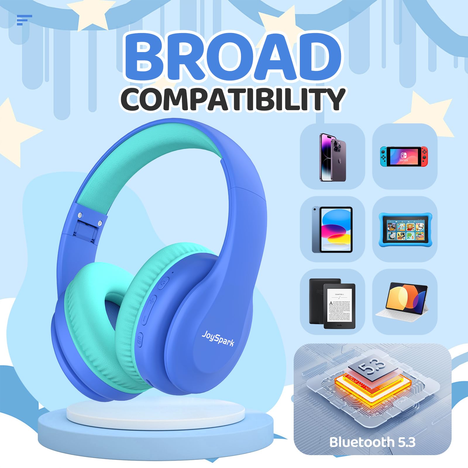 **Kids Wireless Bluetooth Headphones with Volume Limit (85/94dB) - 60H Playtime, Bluetooth 5.3, Built-in Mic, Lightweight Over-Ear Design for Toddlers & Children - Perfect for School, Travel & Online Learning (Blue)**