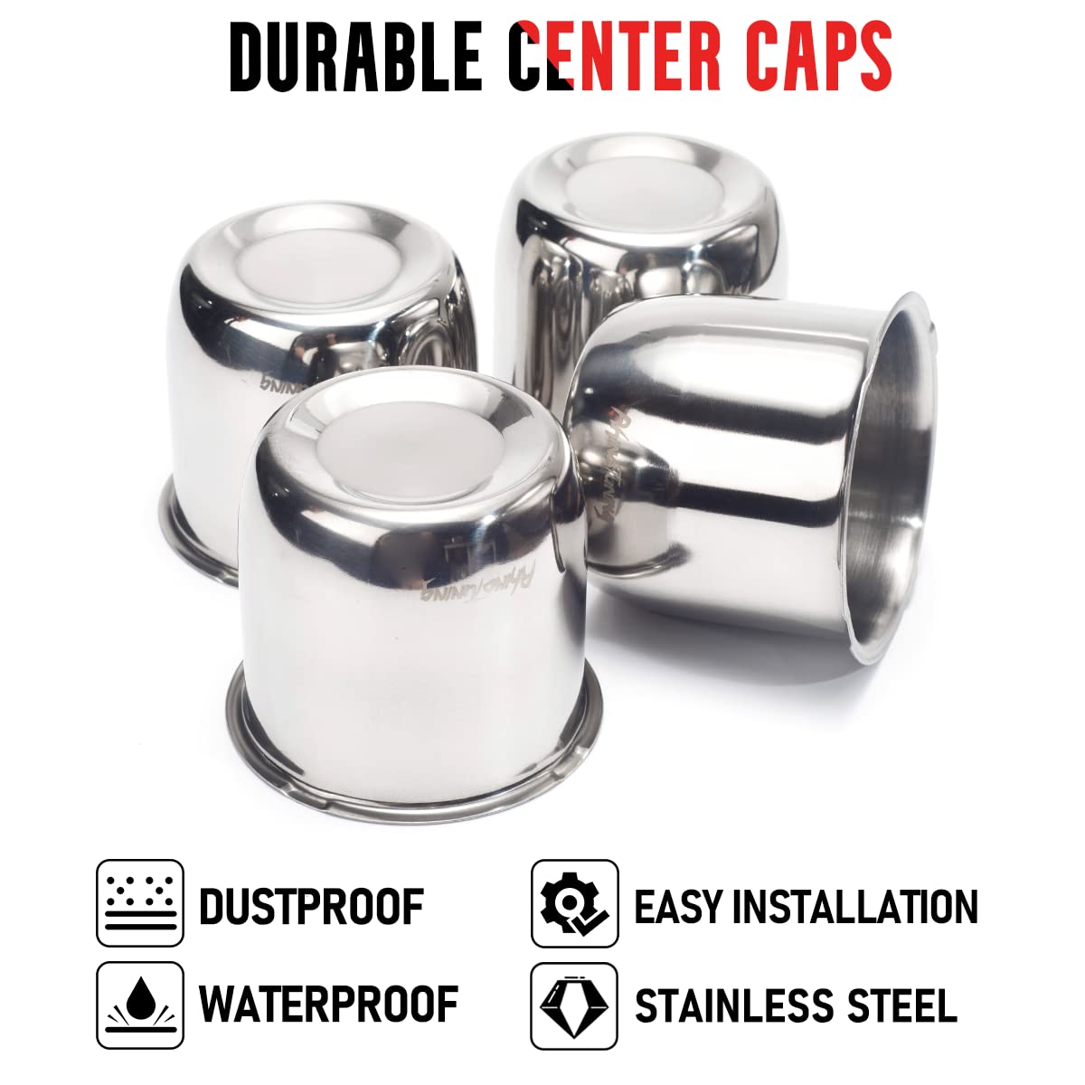 RTRHINOTUNING 3.27 Inch Wheel Center Caps - Stainless Steel Push Through Hub Covers for Truck & Trailer Wheel Rims (Set of 4) - Durable Replacement Accessories for Off-Road Vehicles & Commercial Trailers
