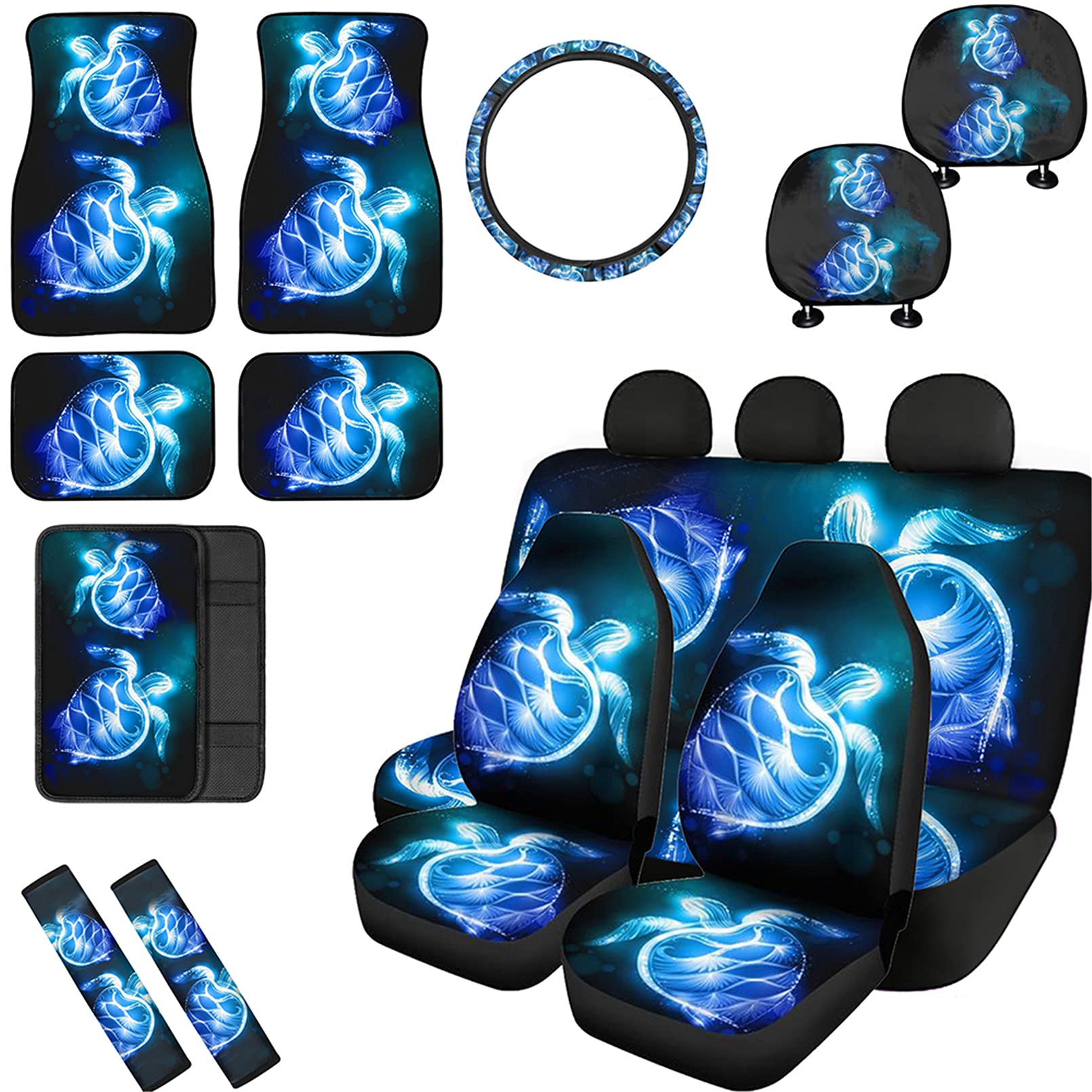 Babrukda 14-Piece Car Interior Accessories Set - Bohemian Sea Turtle Print Seat Covers, Steering Wheel Cover, Armrest & Foot Mats | Perfect for Beach Trips & Summer Road Trips