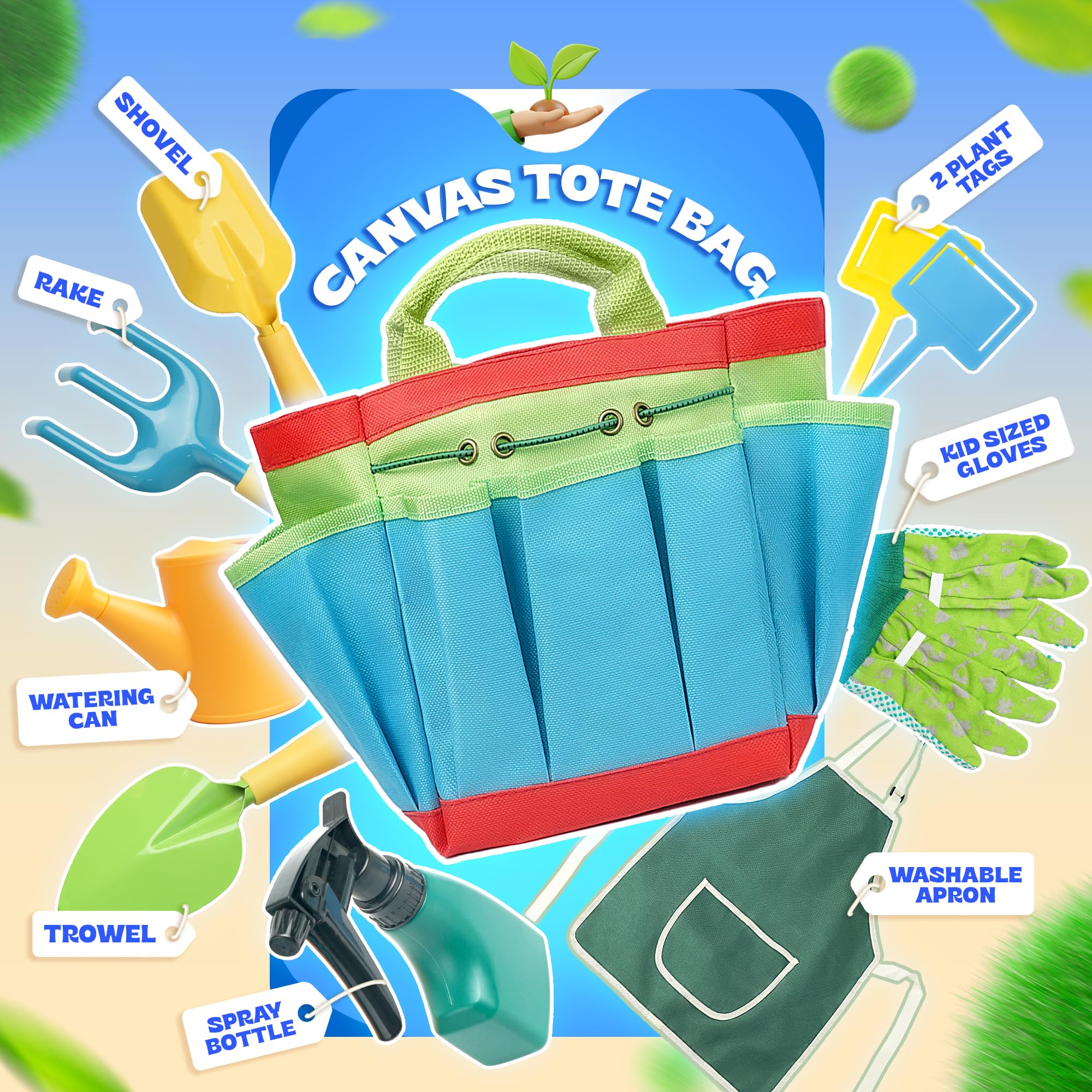 **Kids Gardening Tools Set - Toddler Gardening Kit with Shovel, Rake, Trowel, Apron, Tote Bag & Watering Can - Perfect Gardening Gift for Boys & Girls - Fun Outdoor Activity for Kids - JC1008**