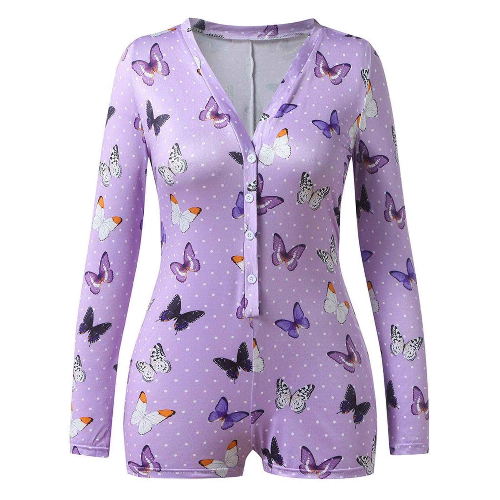 Forwelly Women's Butterfly Print V-Neck Long Sleeve Romper Jumpsuit - Casual Shorts Pajama Set for Lounge, Sleepwear & Summer Outfits