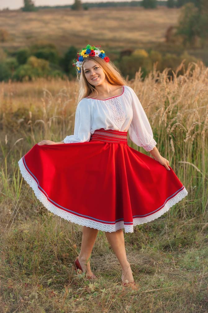 Traditional Ukrainian Folk Dance Costume - Red Circle Skirt & White Blouse for Cultural Performances & Festivals