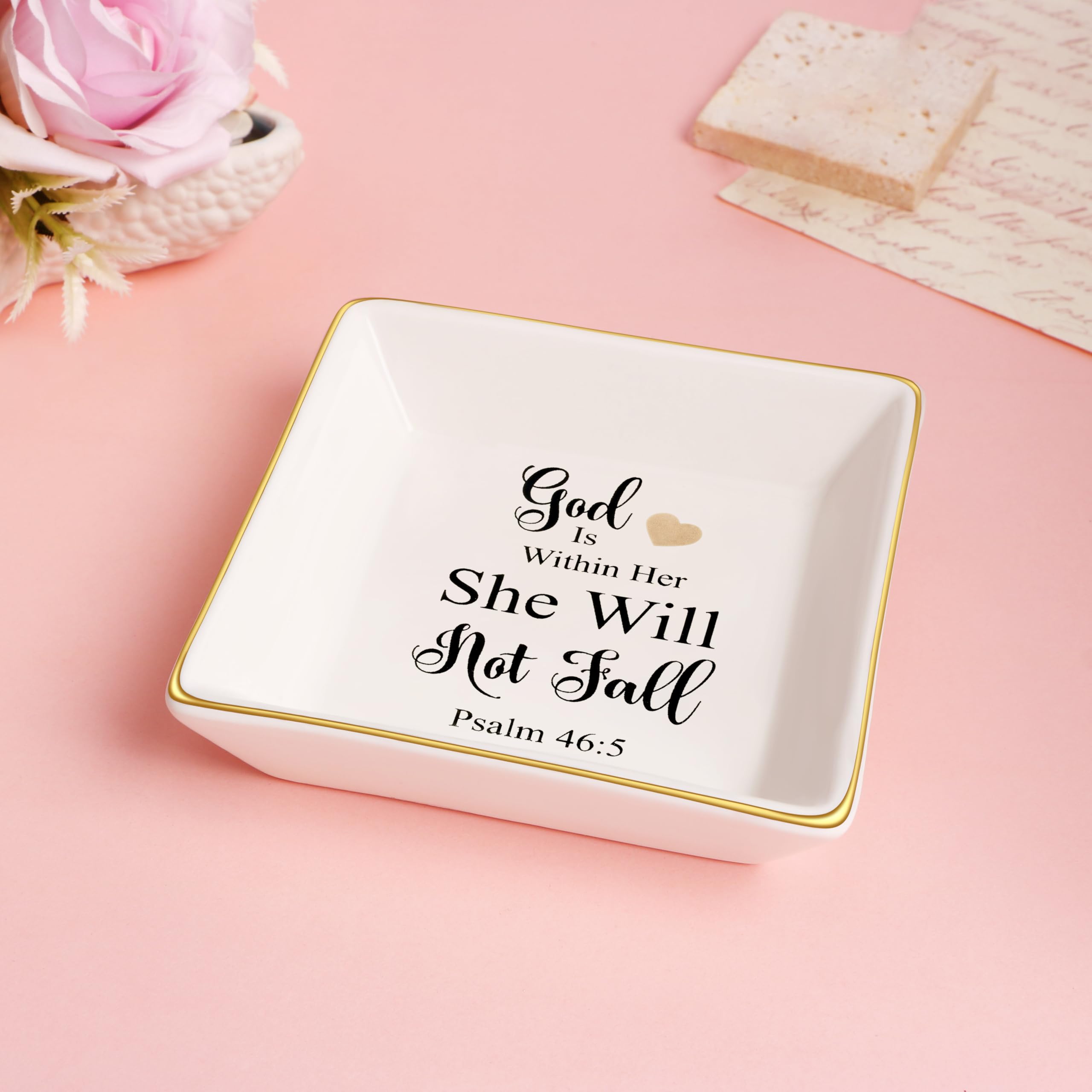 JoycuFF Christian Jewelry for Women - Religious Encouragement Ring Dish, Inspirational Gifts for Sister, Mother, Daughter & Aunt - 'God Is Within Her She Will Not Fall' Bible Verse Home Decor - Perfect for Prayer Time, Bible Study & Faith-Based Gift Giving