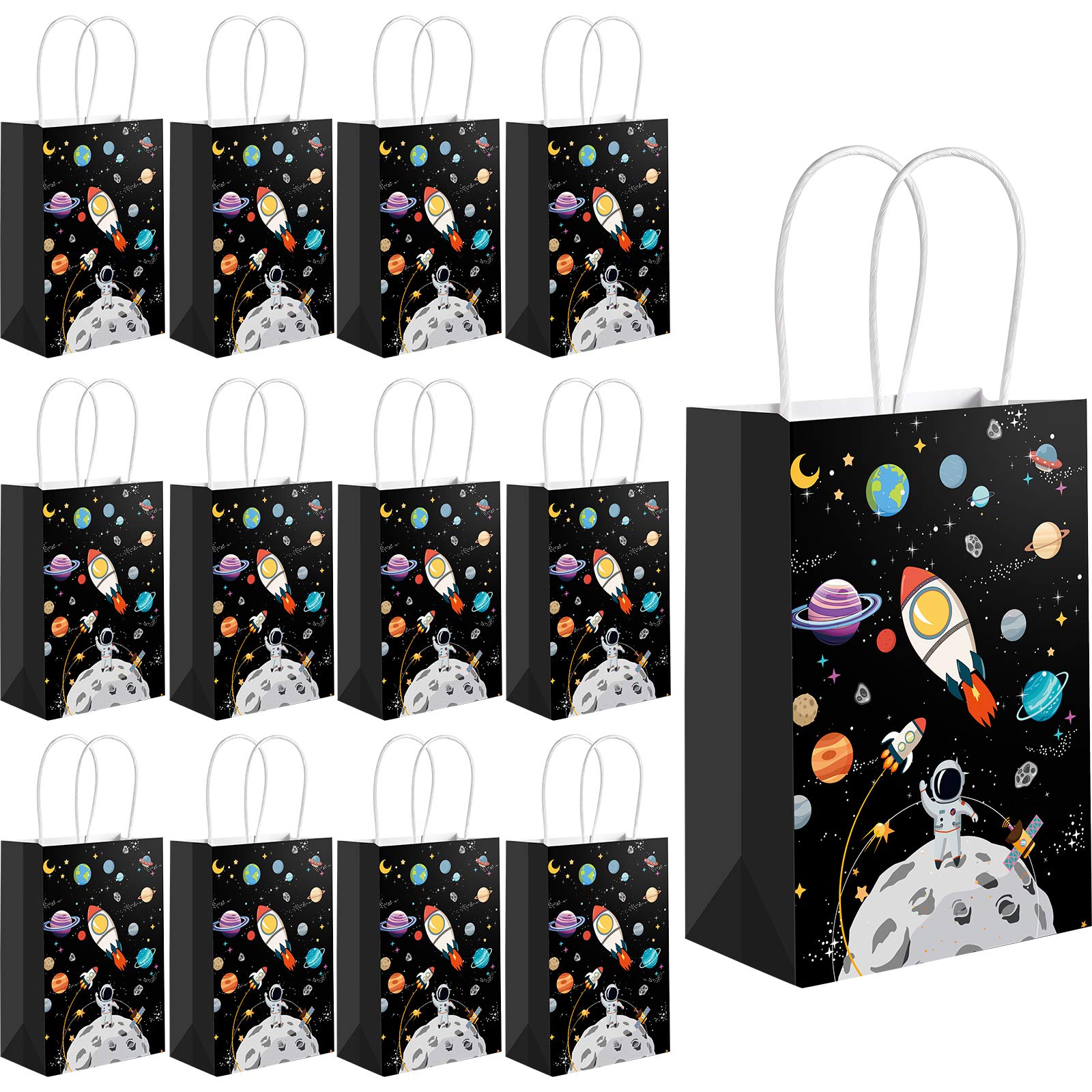 24 Pcs Outer Space Gift Bags with Handles - Galaxy Themed Party Favor Bags for Birthday, Baby Shower & Space Theme Events - Durable Paper Treat Bags for Kids Party Supplies & Classroom Rewards