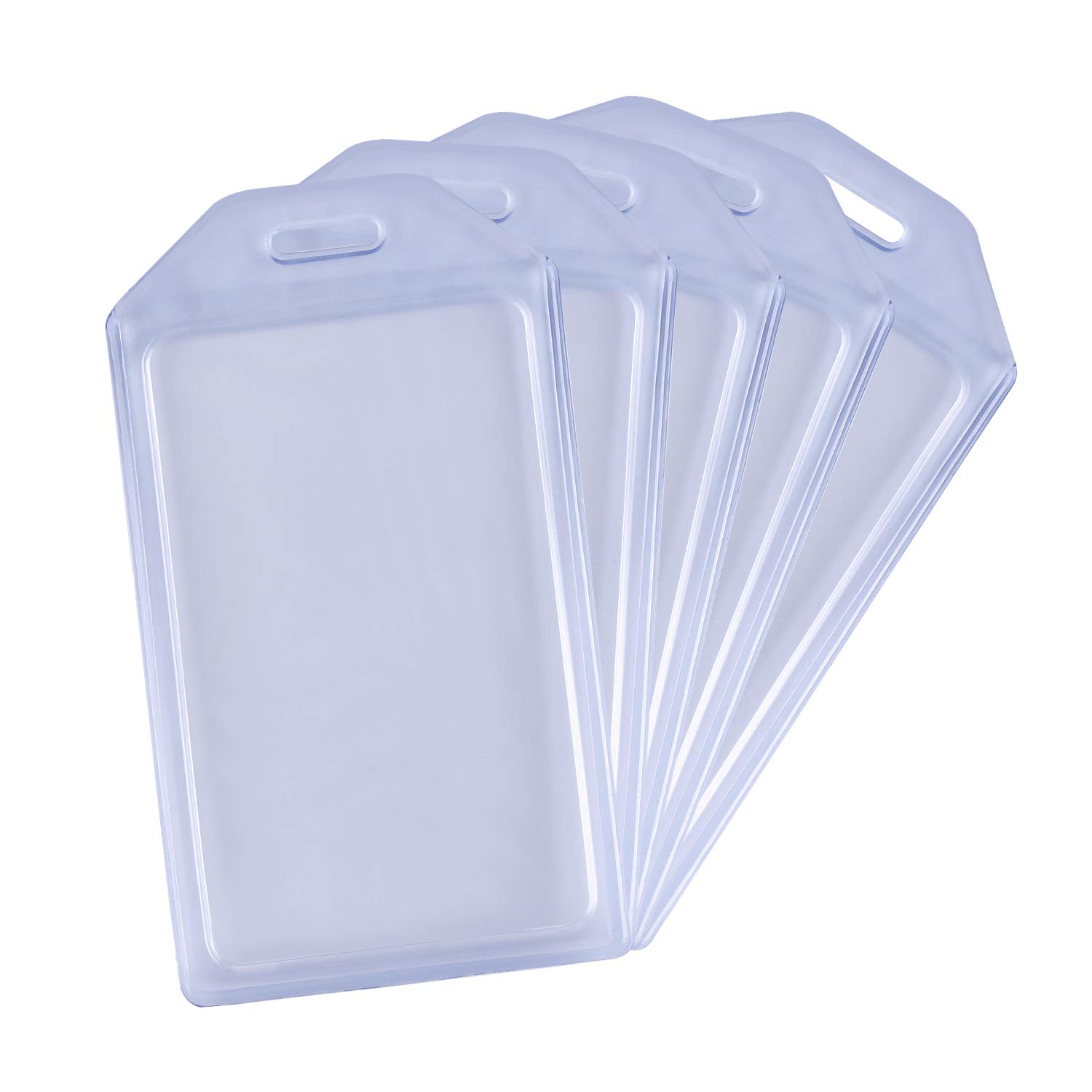Vetoo 5 Pack Heavy Duty ID Card Badge Holders - Durable Hard Plastic & Soft Silicone Vertical PVC Name Tag Holders for Work, School & Events (Clear, Reusable)