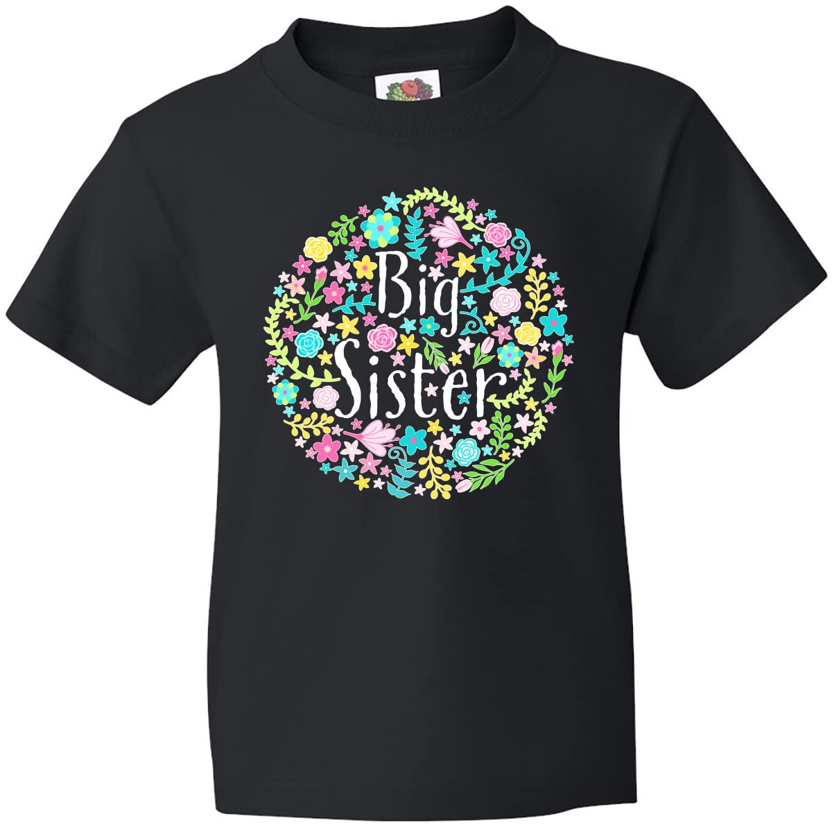 Inktastic Big Sister with Flower Circle Youth T-Shirt - Cute Floral Design Sibling Apparel for Girls - Perfect for Family Photos, Birthdays & Sister Bonding Moments